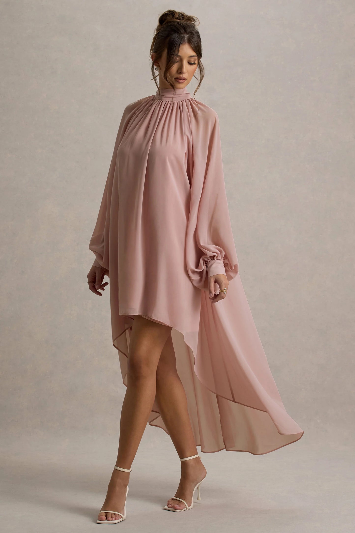 Delphia Pale Pink High-Neck Maxi Dress With High-Low Hem