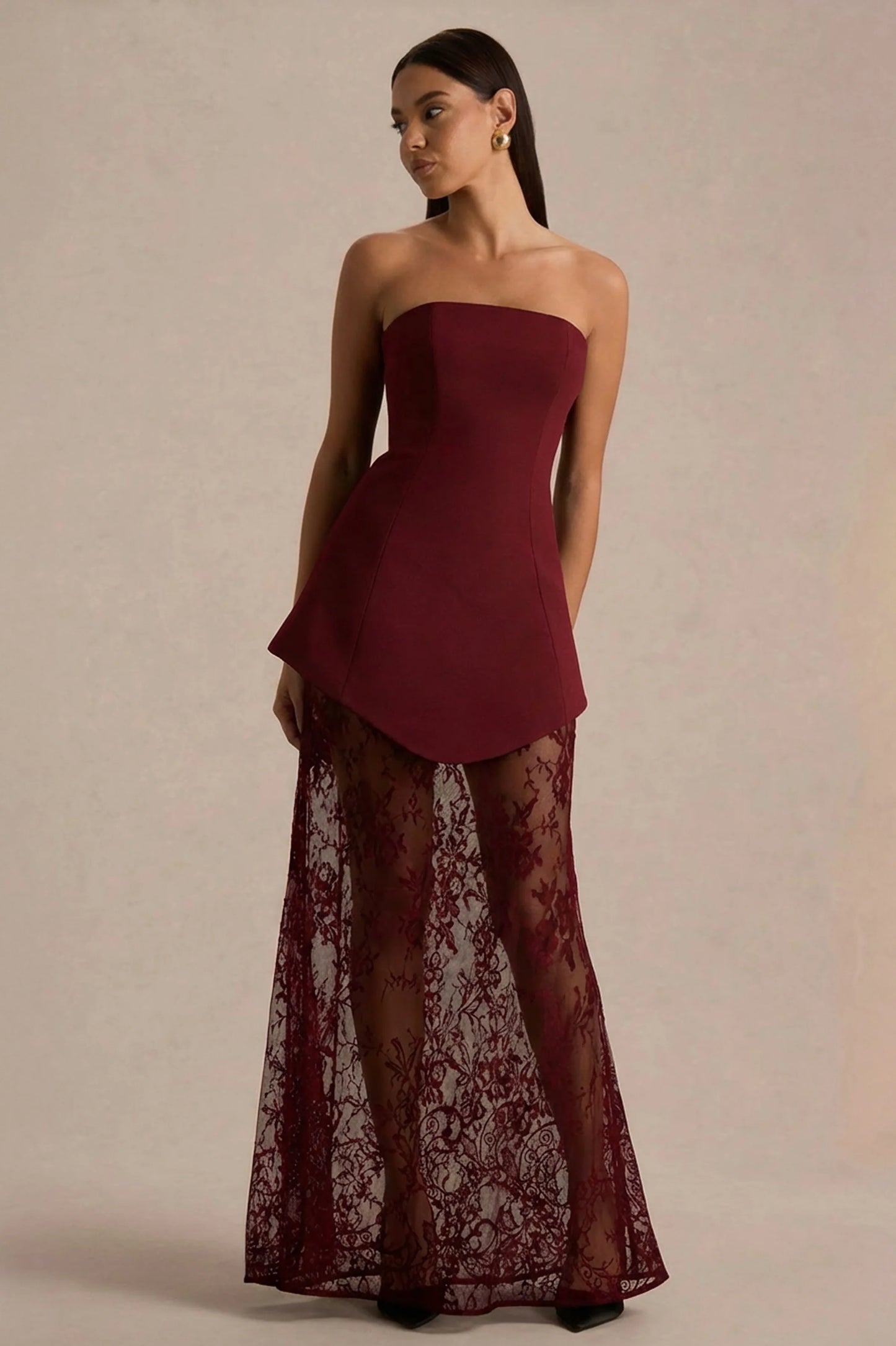 Brandi Burgundy Bandeau Maxi Dress With Lace Skirt