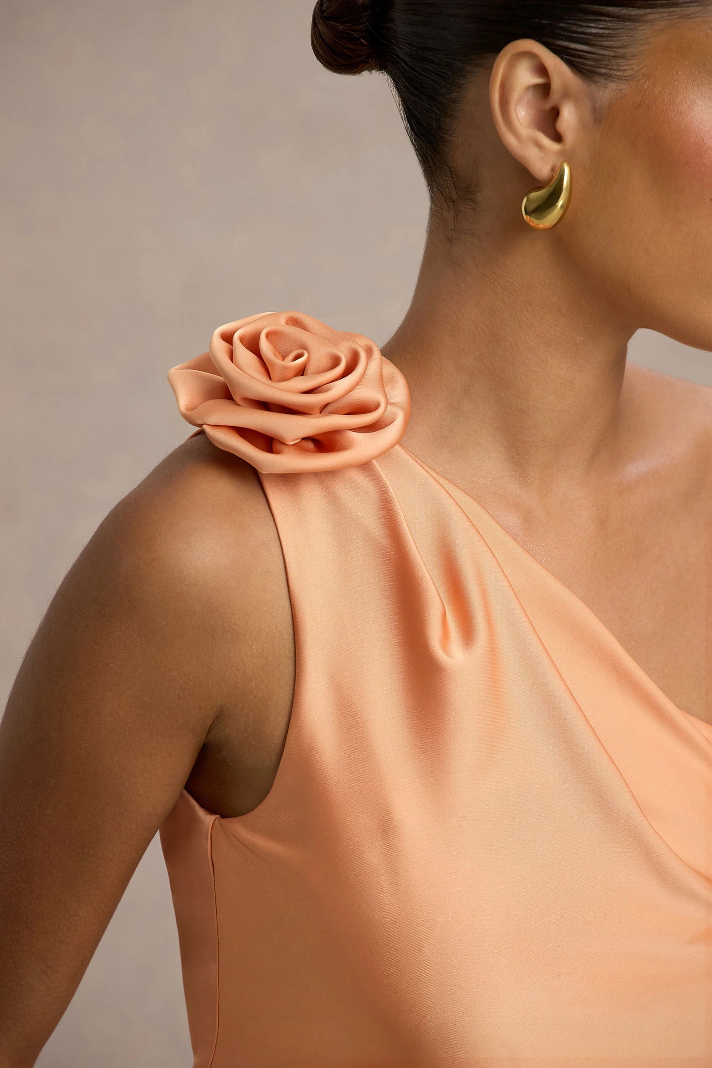 Janette Peach Satin One-Shoulder Split Maxi Dress With Corsage