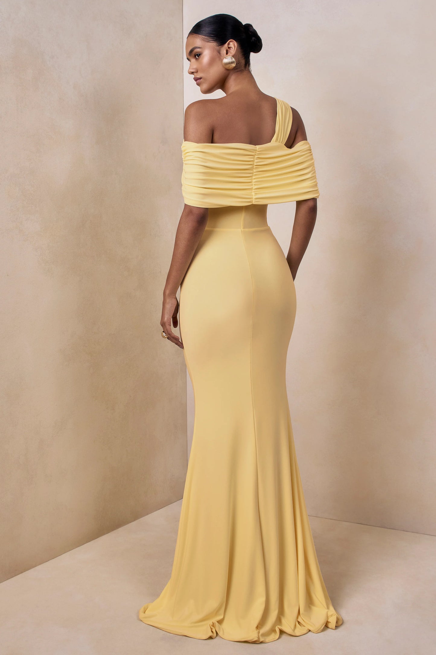 Nala Lemon Asymmetric-Neck Maxi Dress With Gathered Detailing
