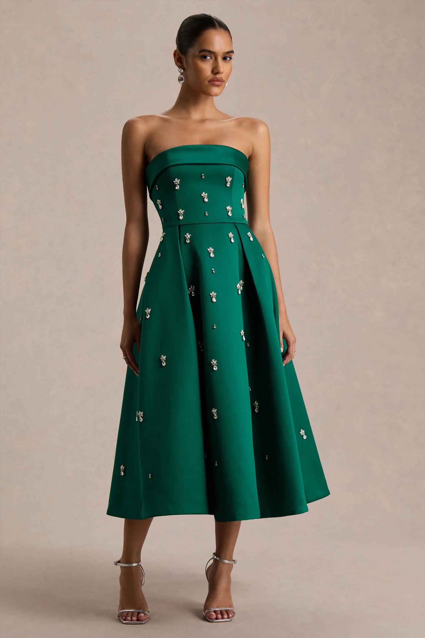 Sylvette Dark Green Satin Bandeau Skater Midi Dress