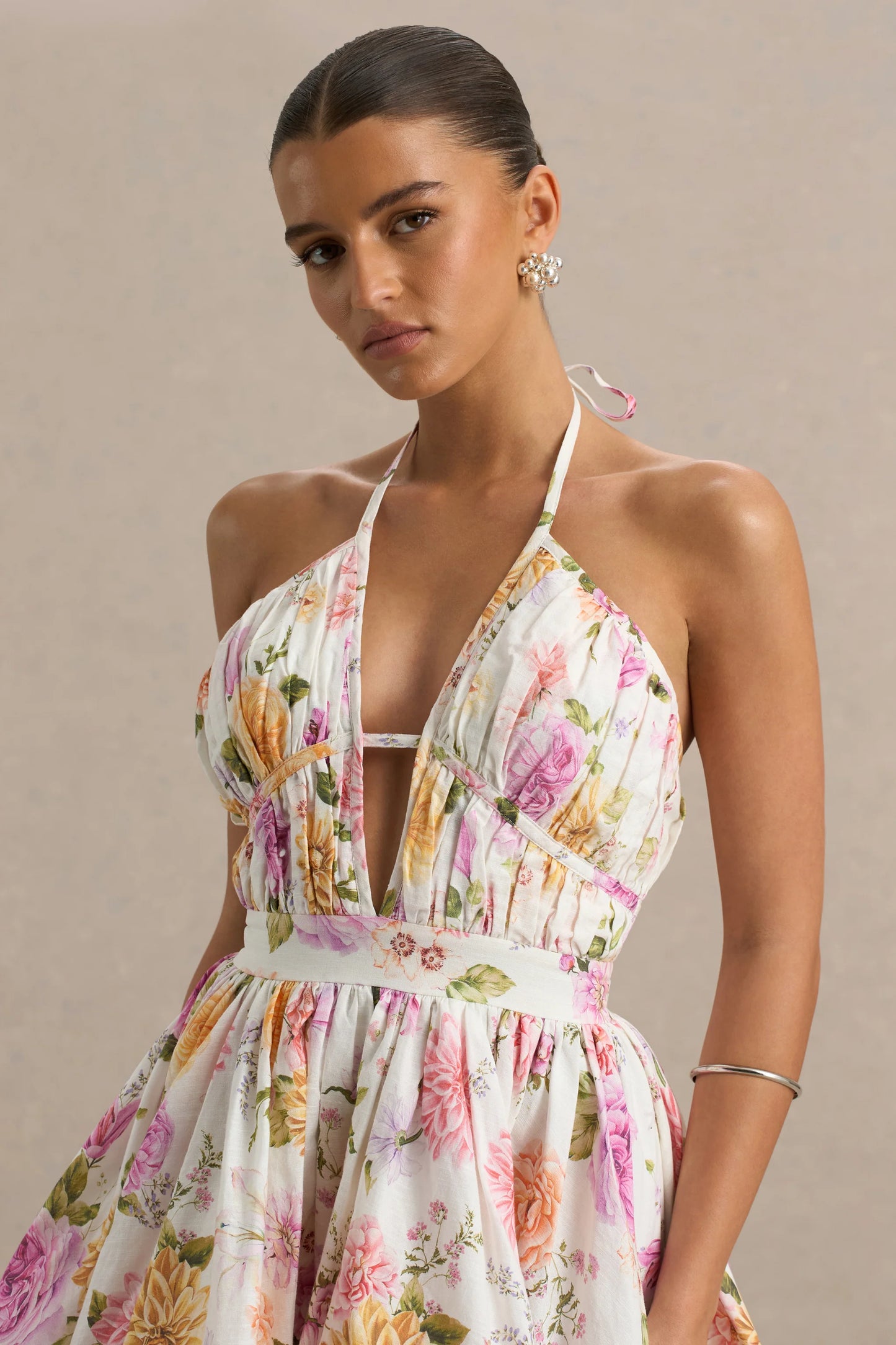 Kasey Cream Floral Print Halter-Neck Mini Dress With Ruffle Detail
