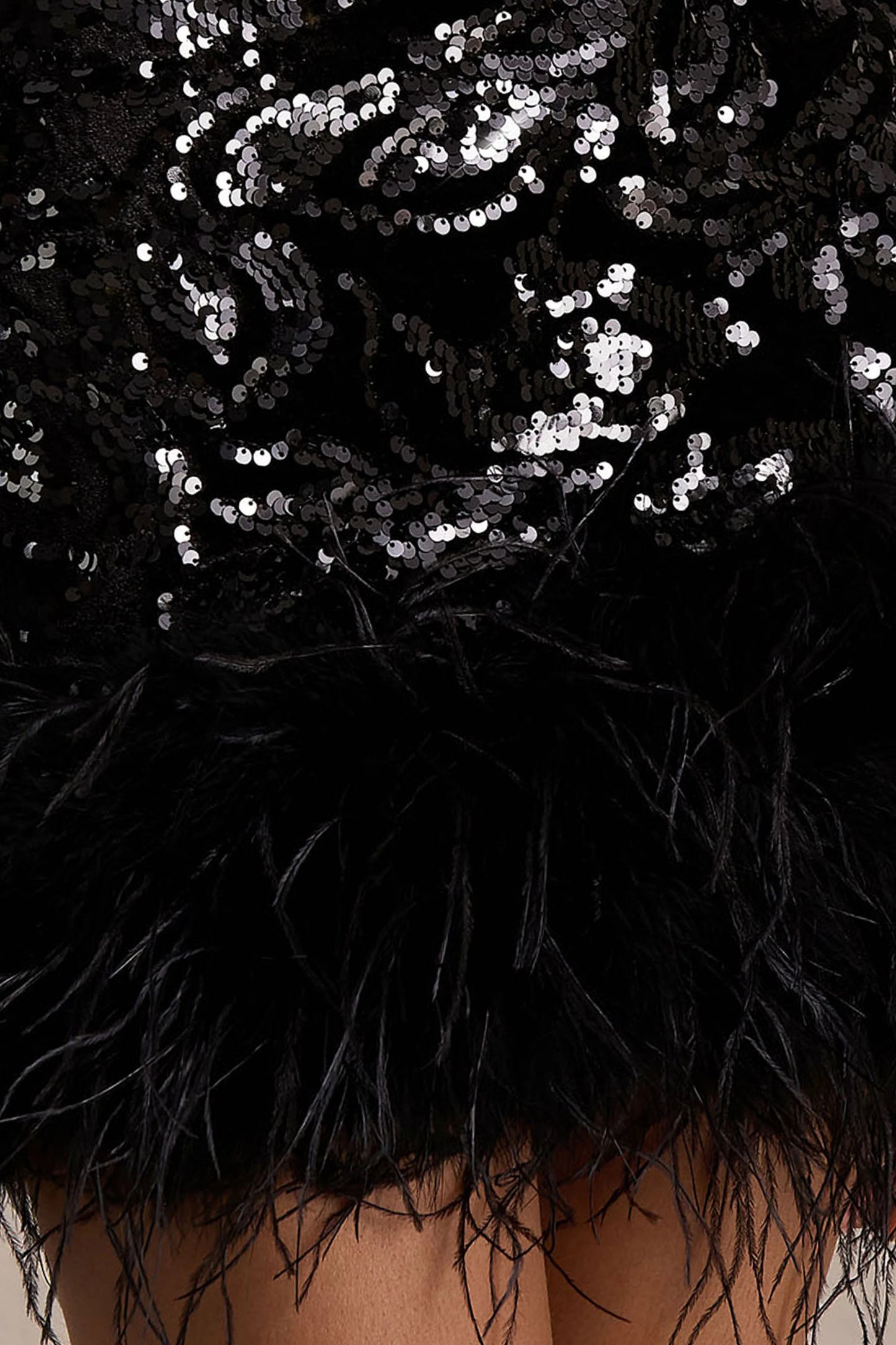 Stardust Black Sequined Velvet Crew-Neck Mini Dress With Feather Trim