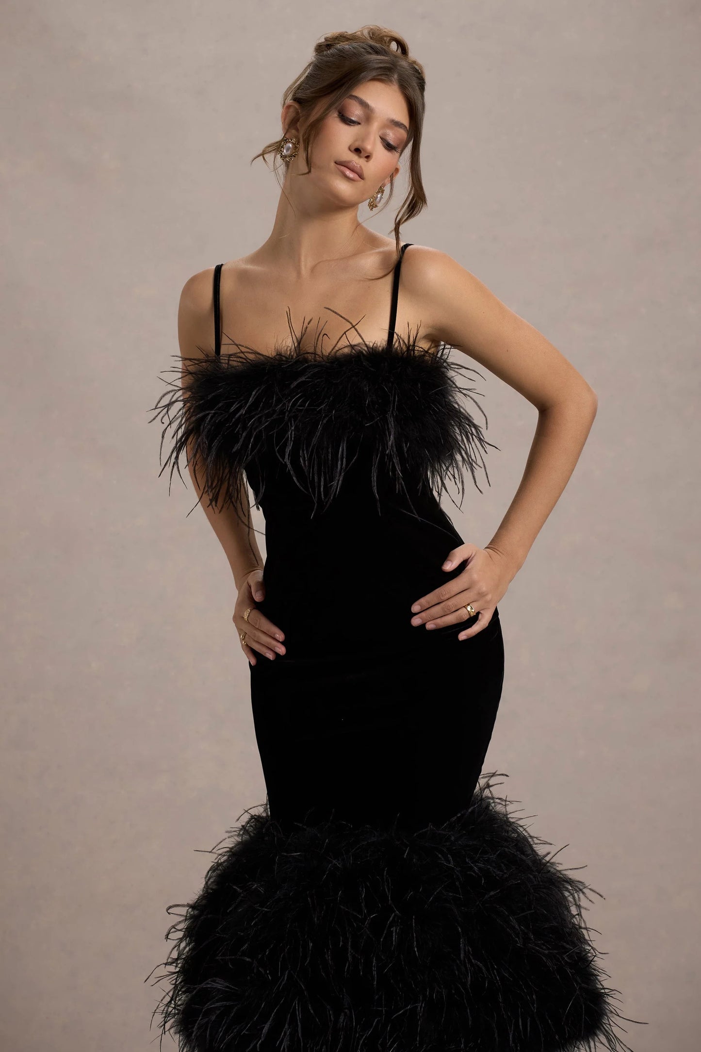 Kalena Black Velvet Feather Trim Midi Dress