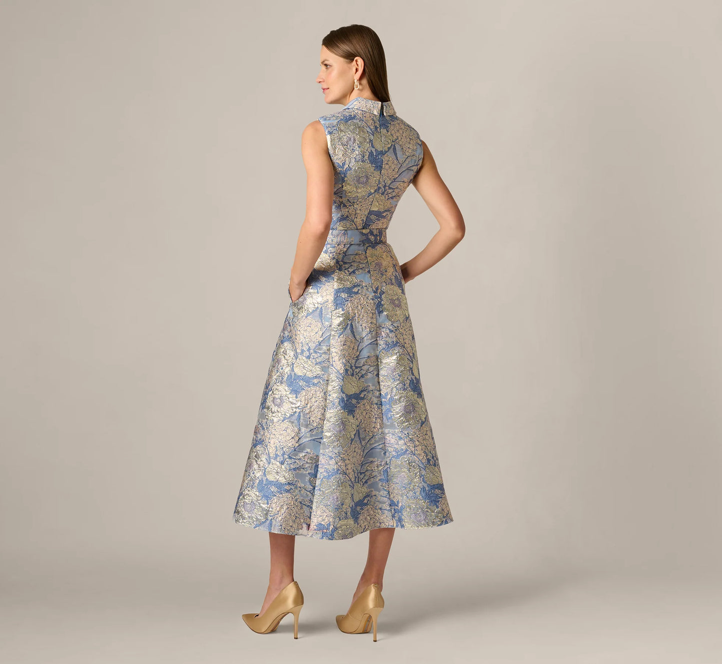 Hydrangea Floral Jacquard Collared Midi Dress In Blue Multi