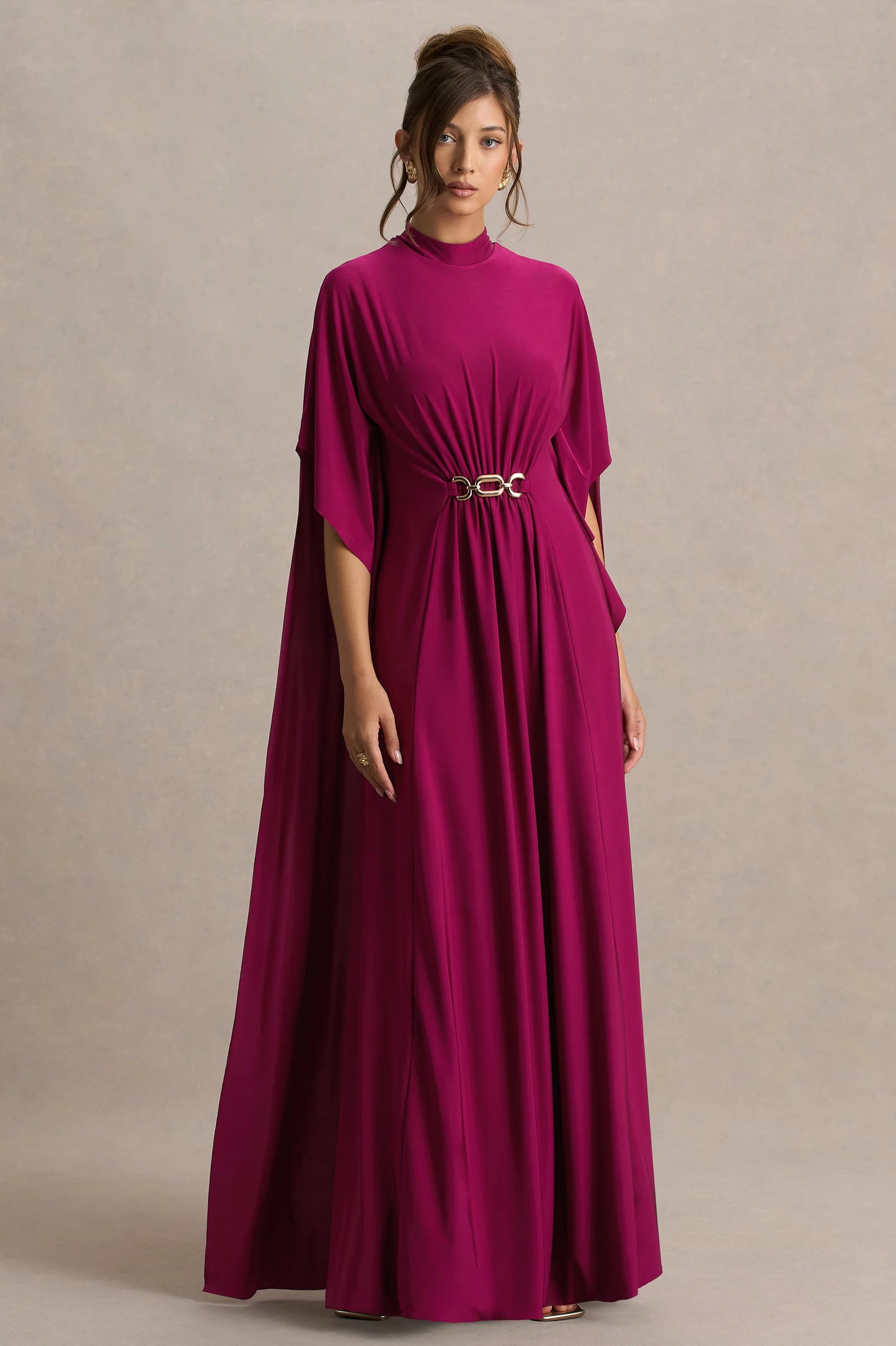 Olessia Burgundy Belted Gathered Cape-Sleeve Maxi Dress