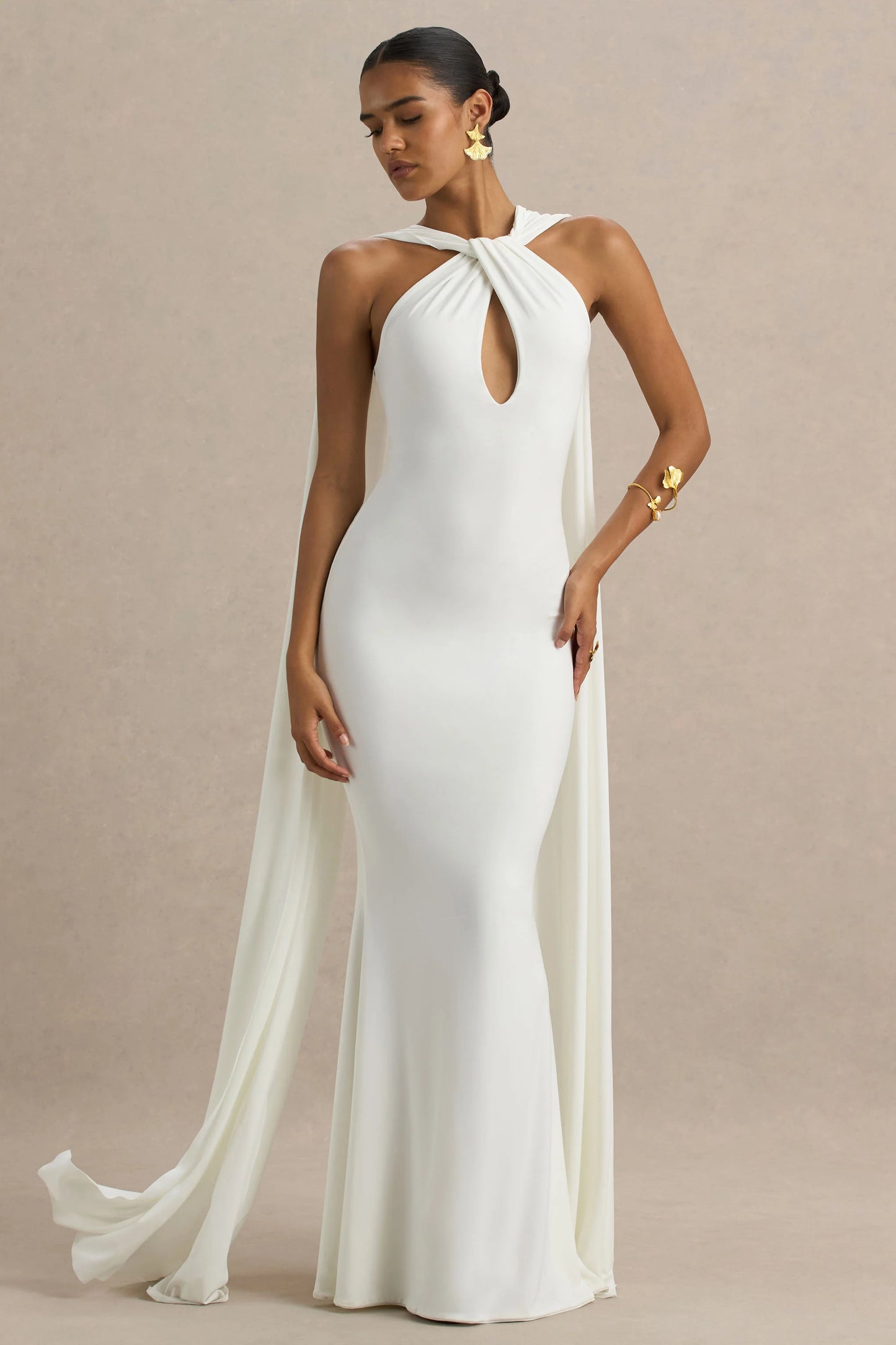 Rhoda White Twist Halter-Neck Cape Maxi Dress