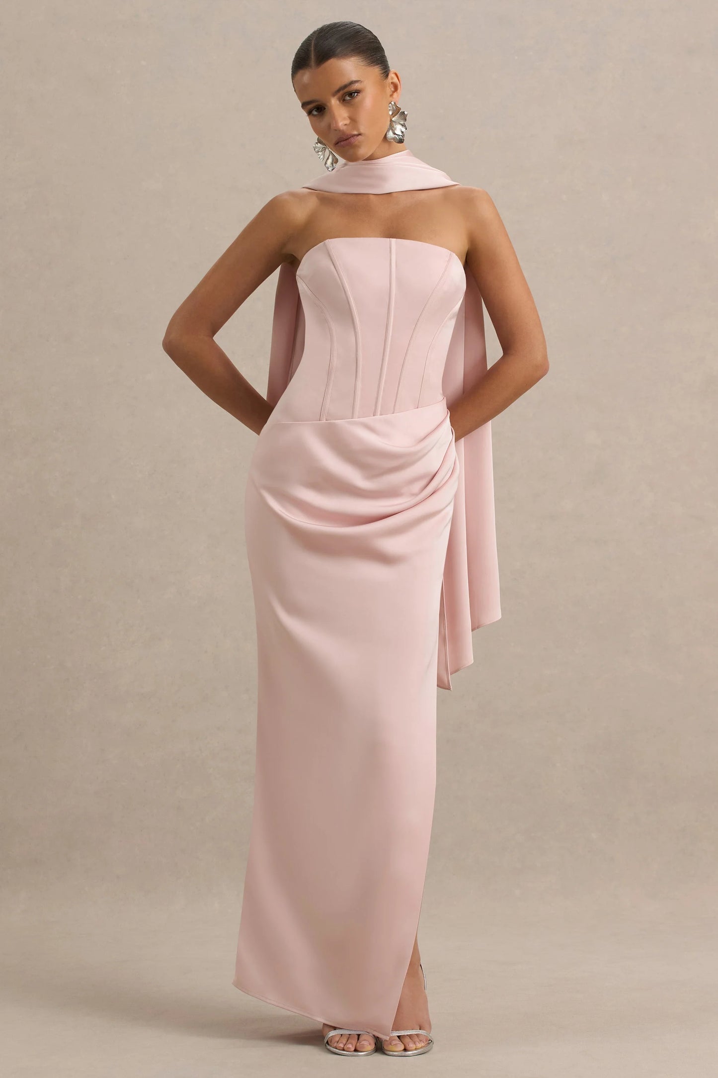 Joseline Pale Pink Satin Corset Wrap Maxi Dress With Scarf