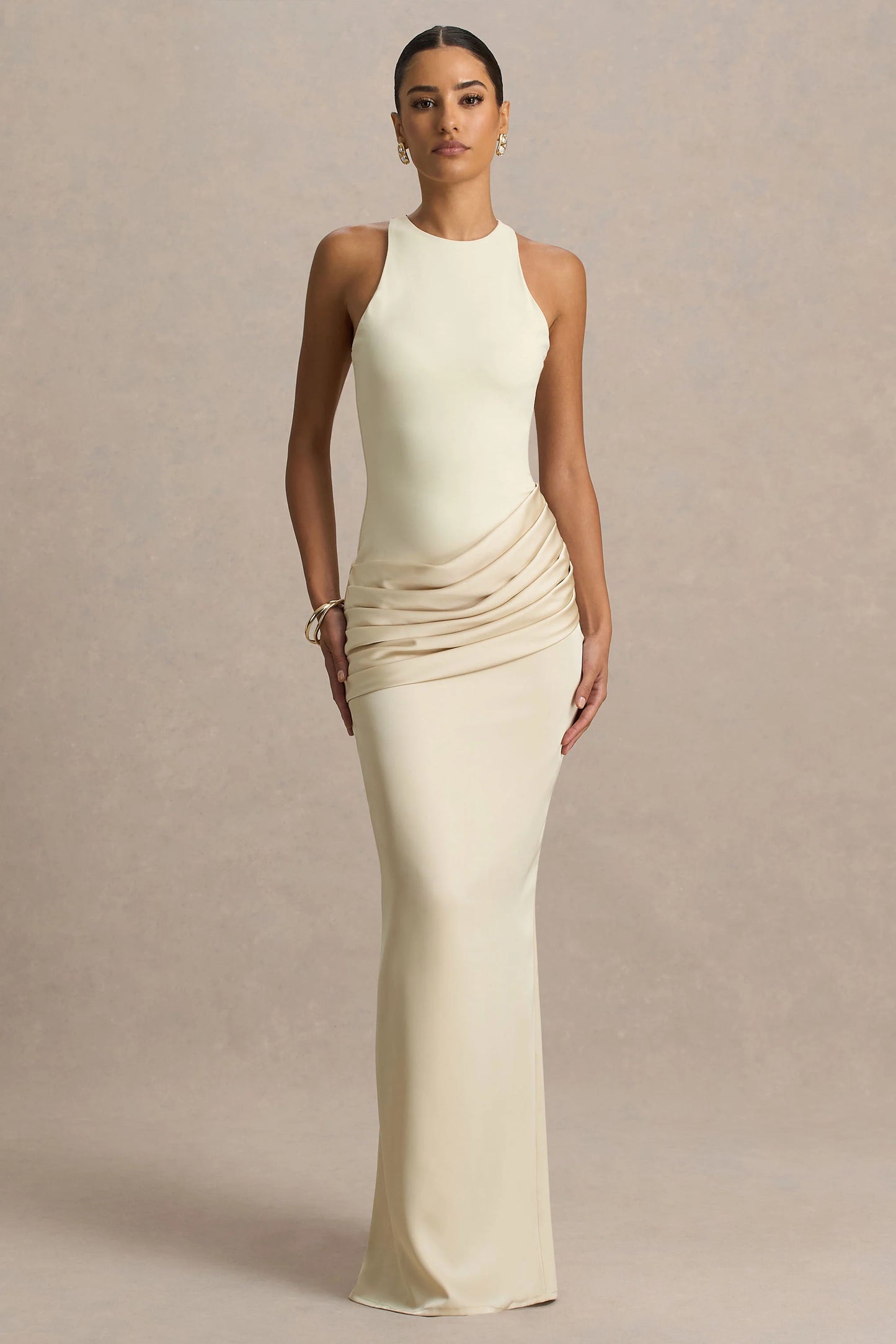 Akari Cream Crew-Neck Maxi Dress With Satin Skirt