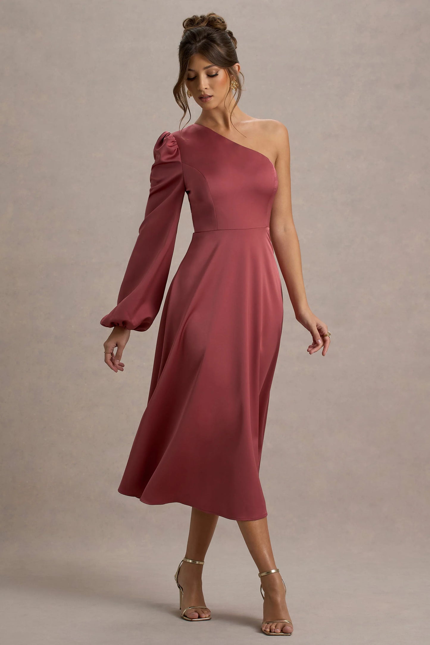 Haila Rose Pink Satin One-Shoulder Midi Dress