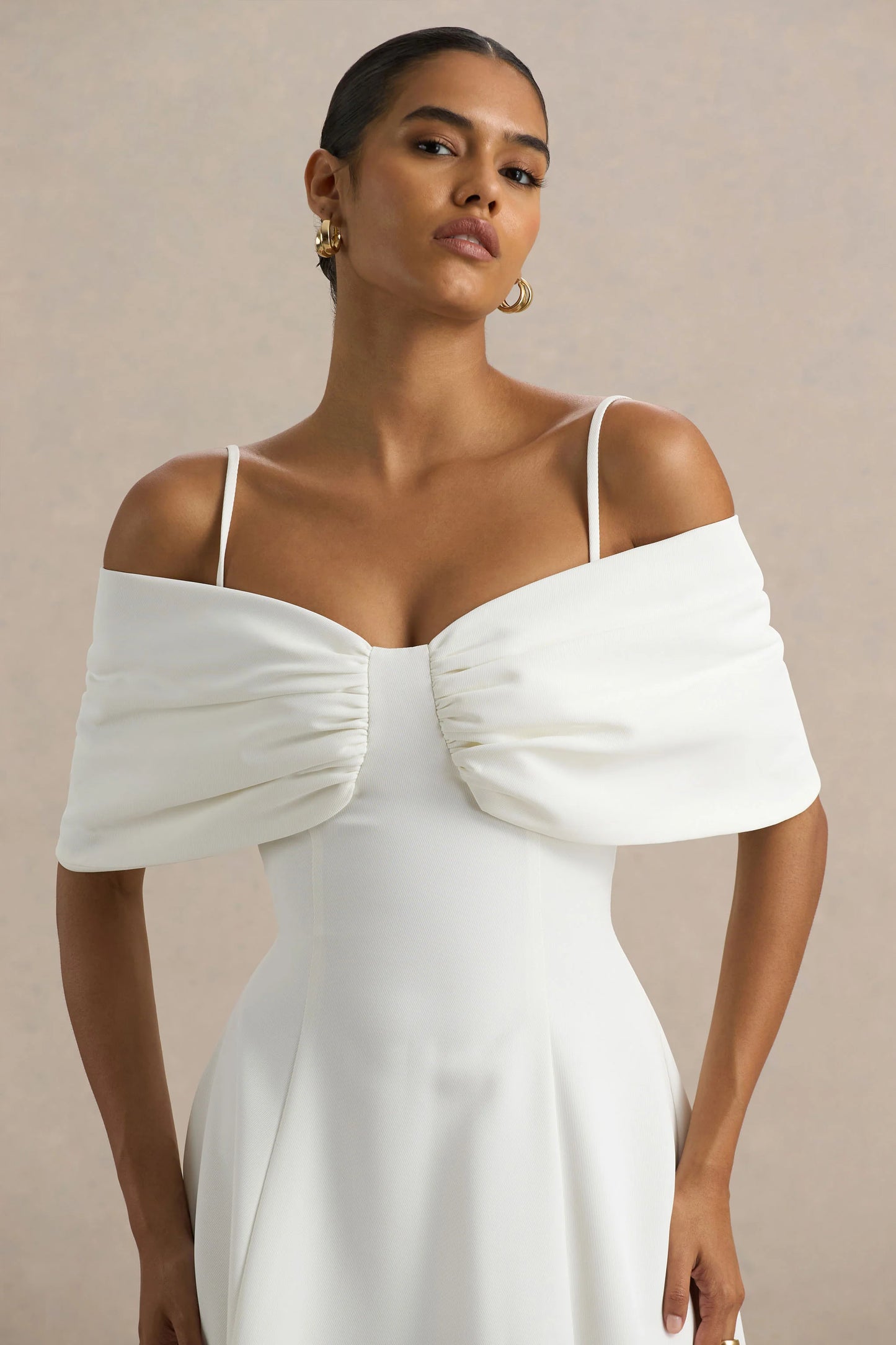 Hettie White Short-Sleeve Bardot Midi Dress With Bow Detail