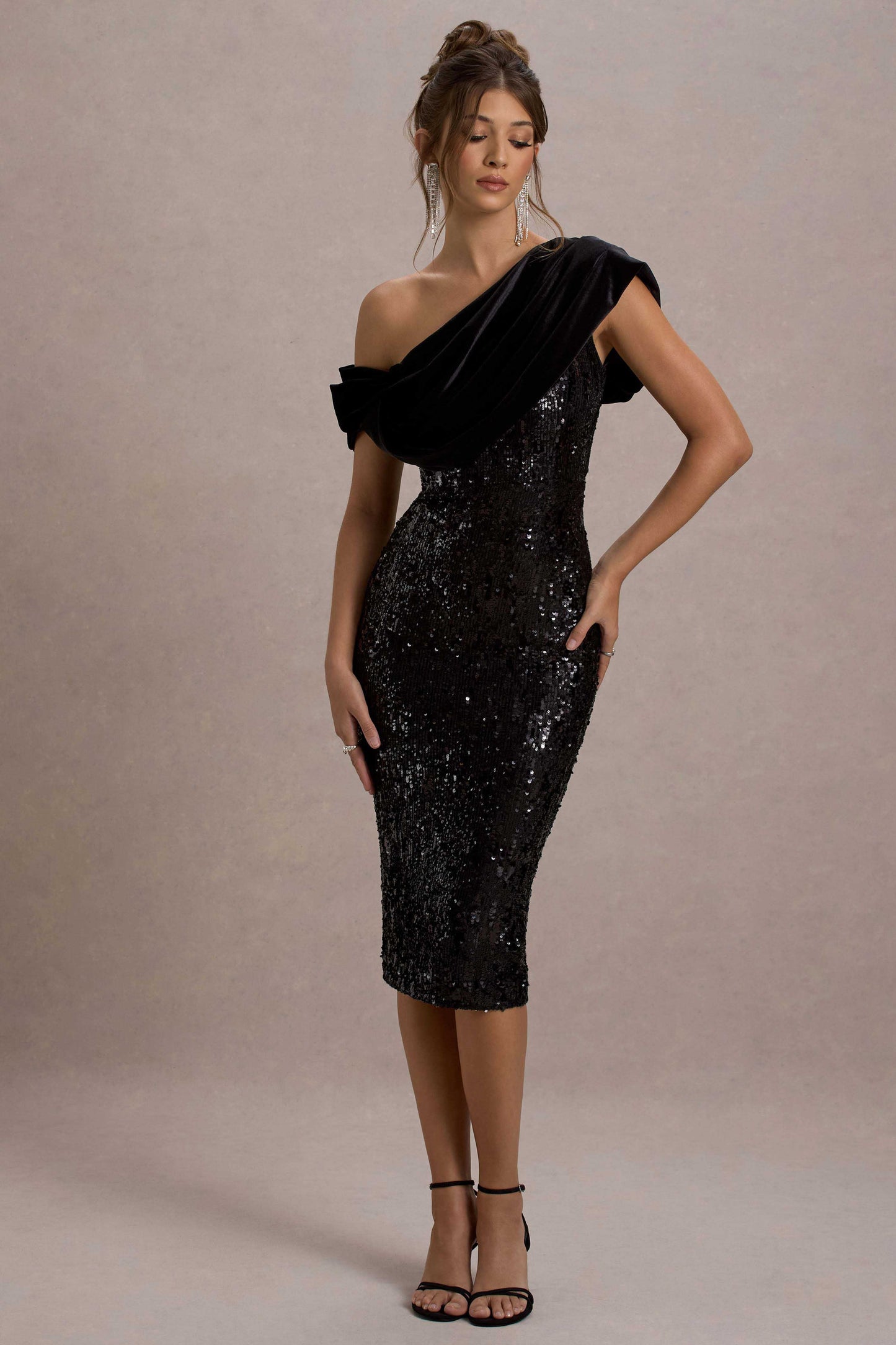 Volute Black Sequin One-Shoulder Draped Midi Dress