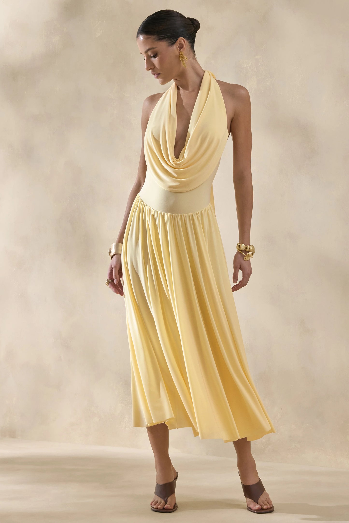 Veyra Lemon Plunge Cowl-Neck Midi Dress