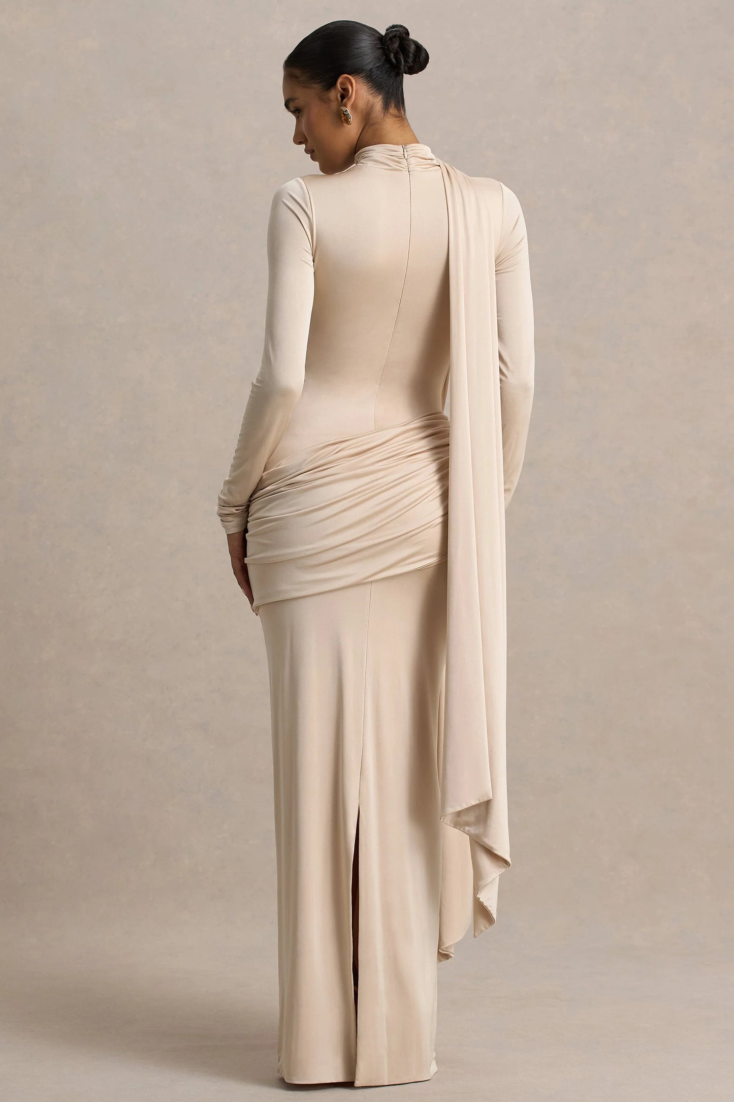 Romi Champagne High-Neck Maxi Dress With Ruched Detailing