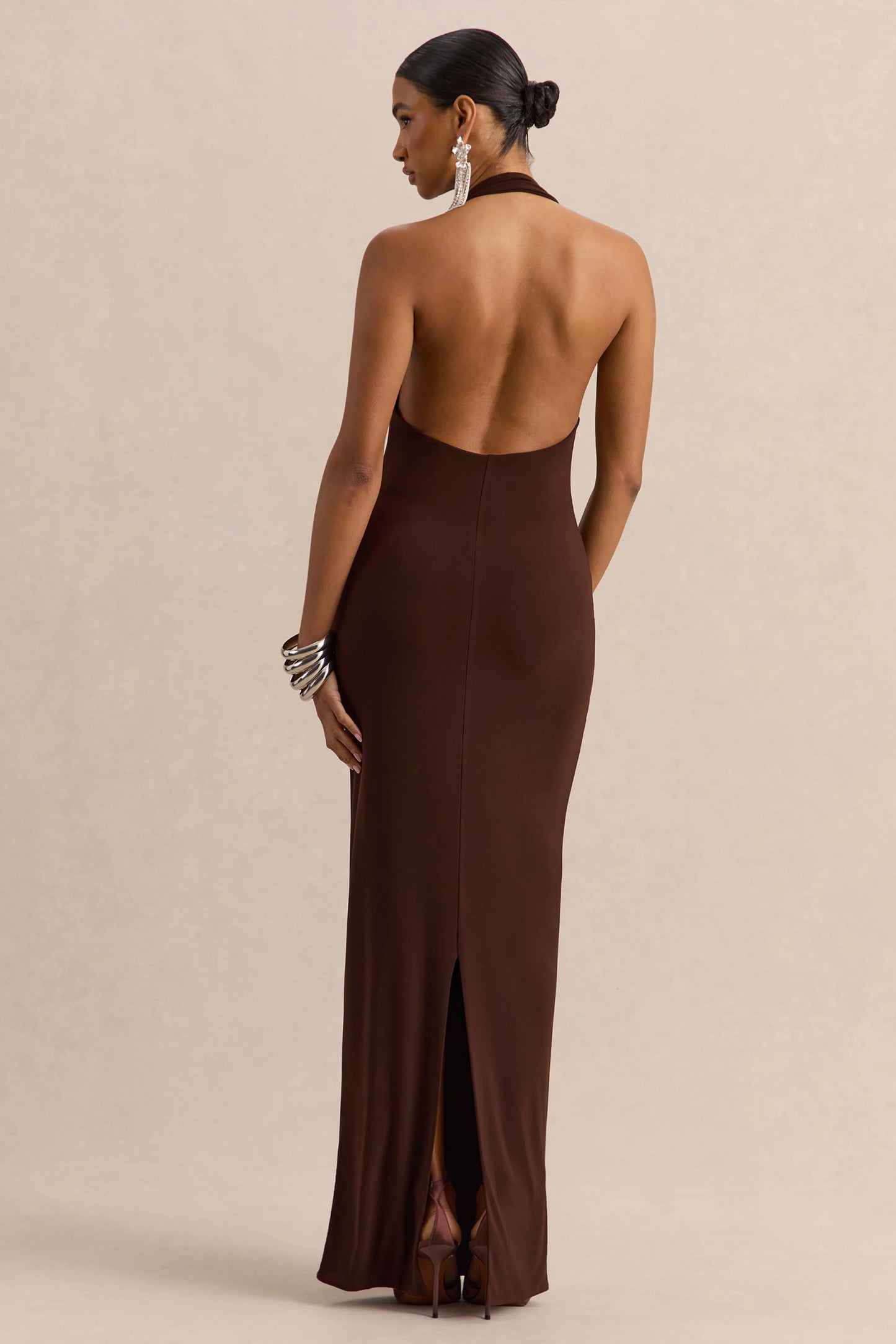 Delisse Brown Asymmetric-Neck Maxi Dress