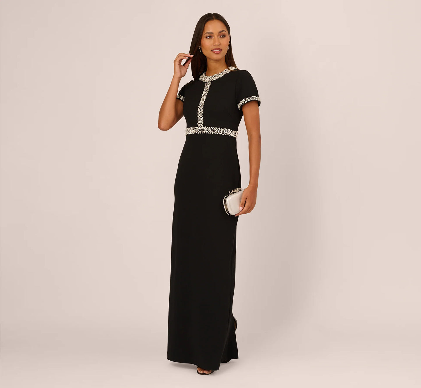 Short Sleeve Stretch Crepe Pearly Beaded Gown In Black Ivory