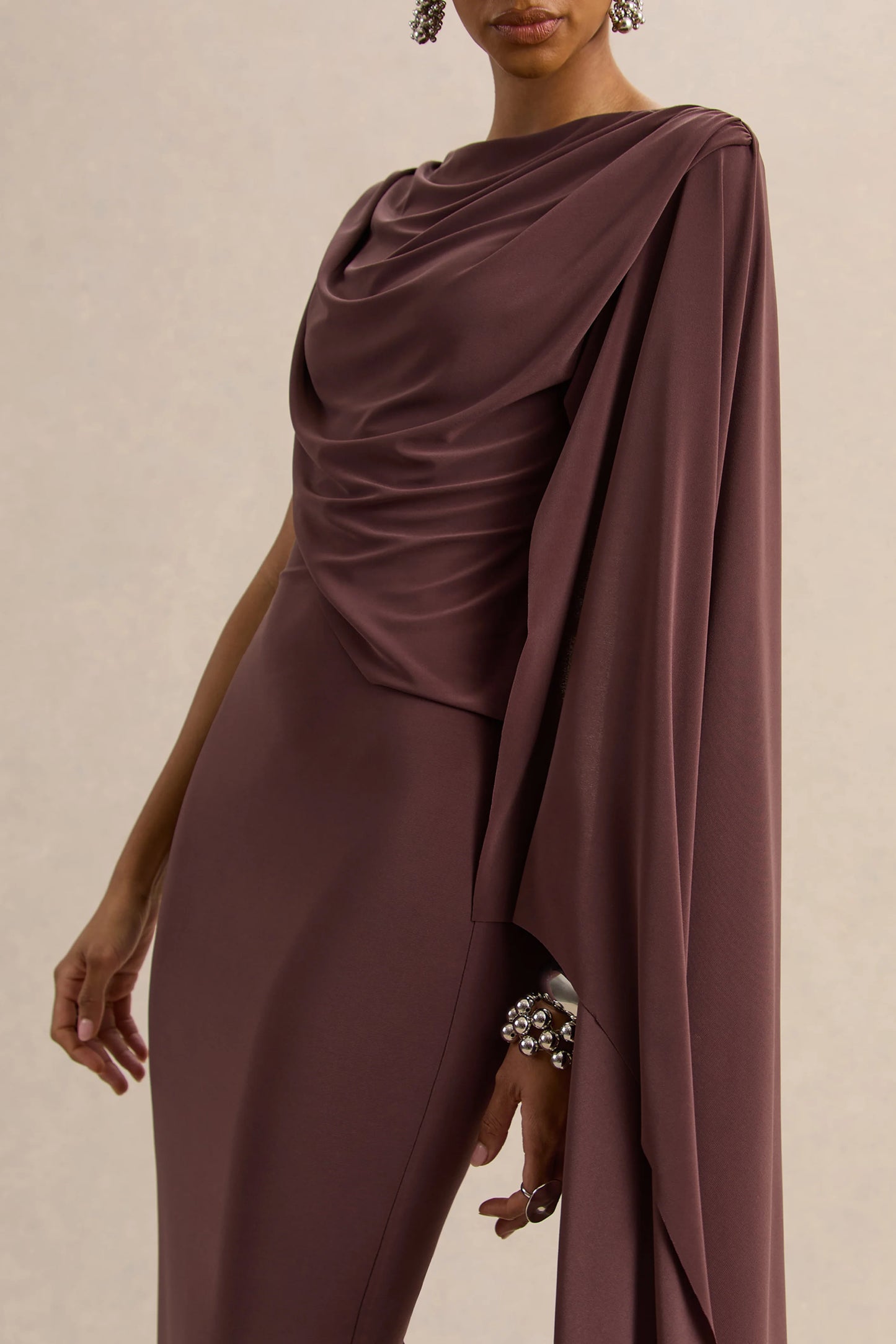 Kamoria Brown Round-Neck Midi Dress With Cape-Sleeve
