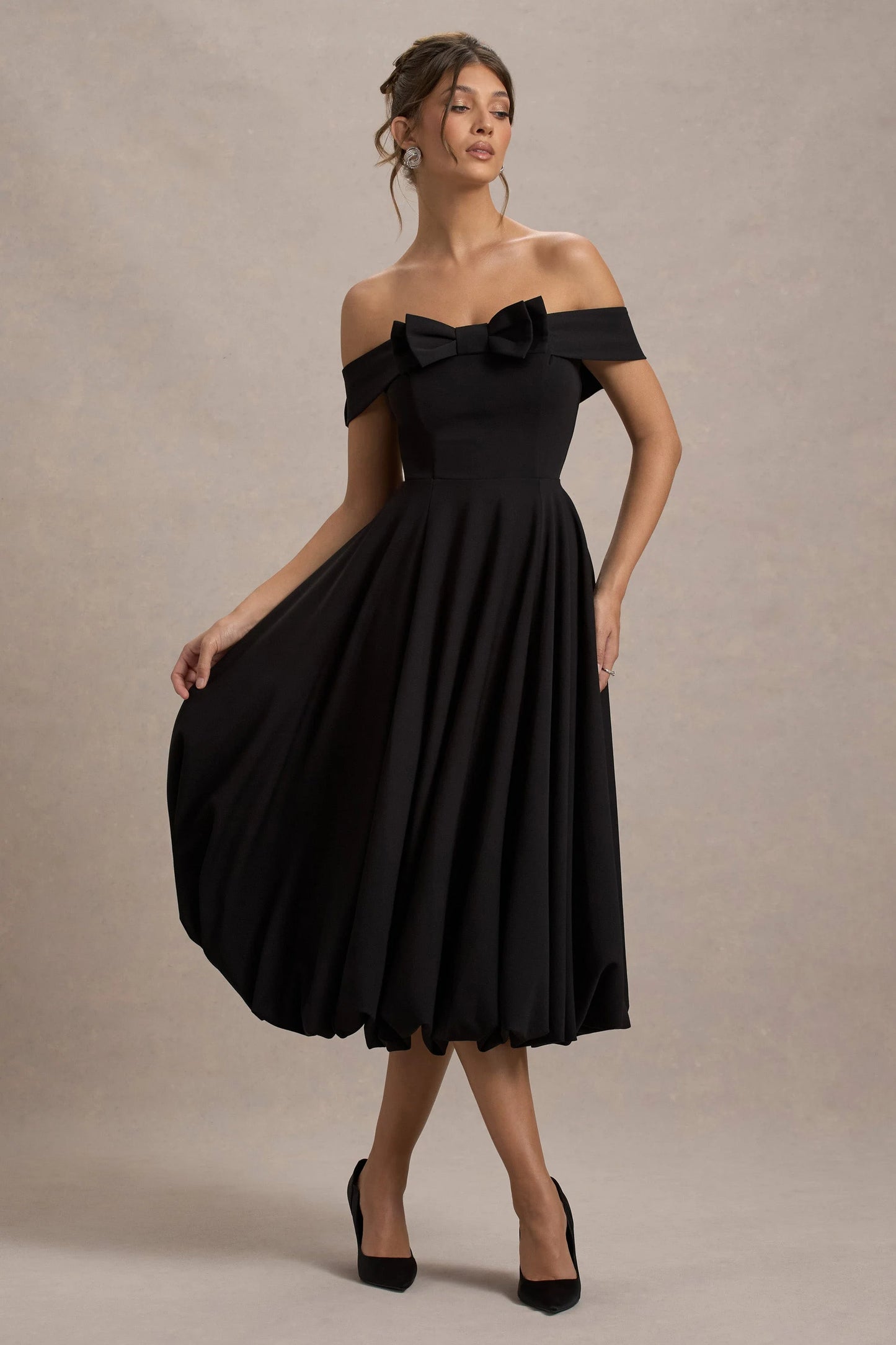 Calliopia Black Bow Bardot Midi Dress With Puff-Ball Skirt