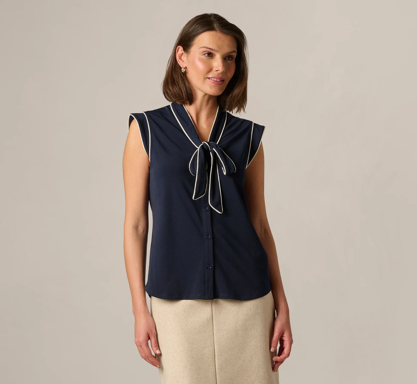 Cap Sleeve Tie Neck Blouse In Blue Moon Ivory