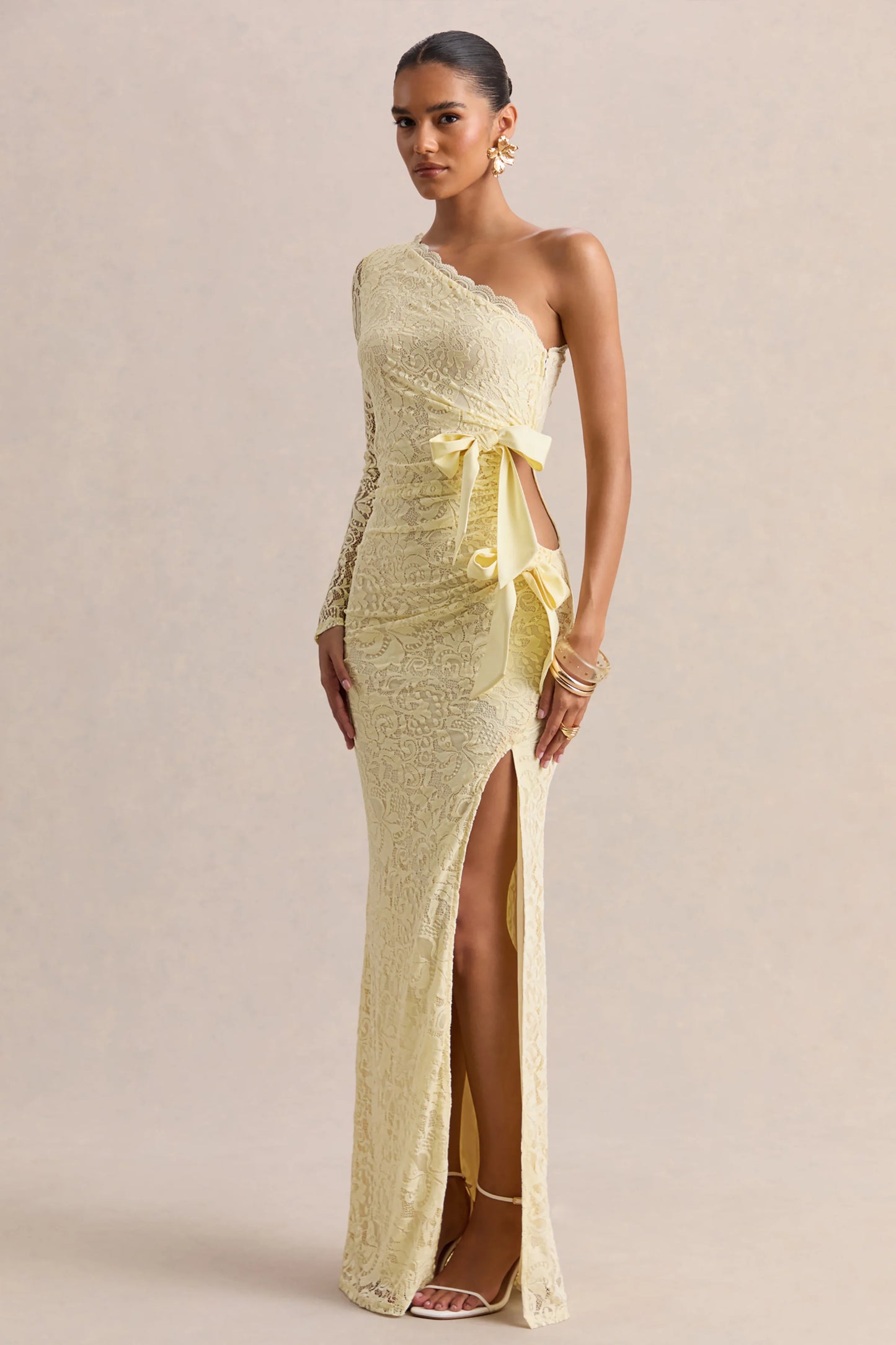 Norna Lemon Lace Asymmetric-Neck Maxi Dress With Cut-Out And Bow Details