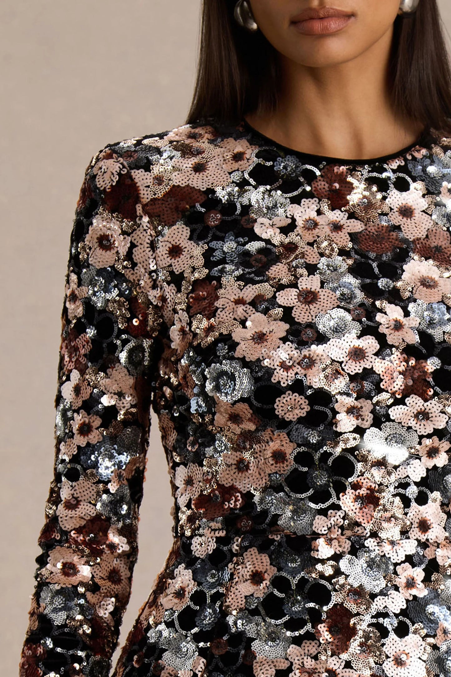 Adaline Black Velvet & Embellished Sequin Floral Long-Sleeved Mini Dress
