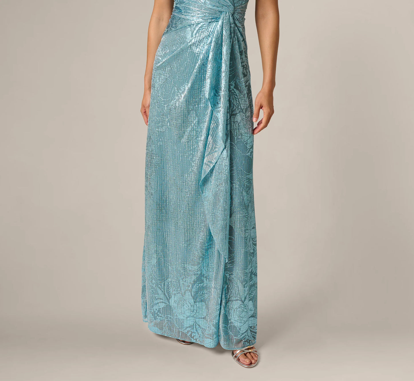 Crinkle Metallic Floral Draped Gown In Blue