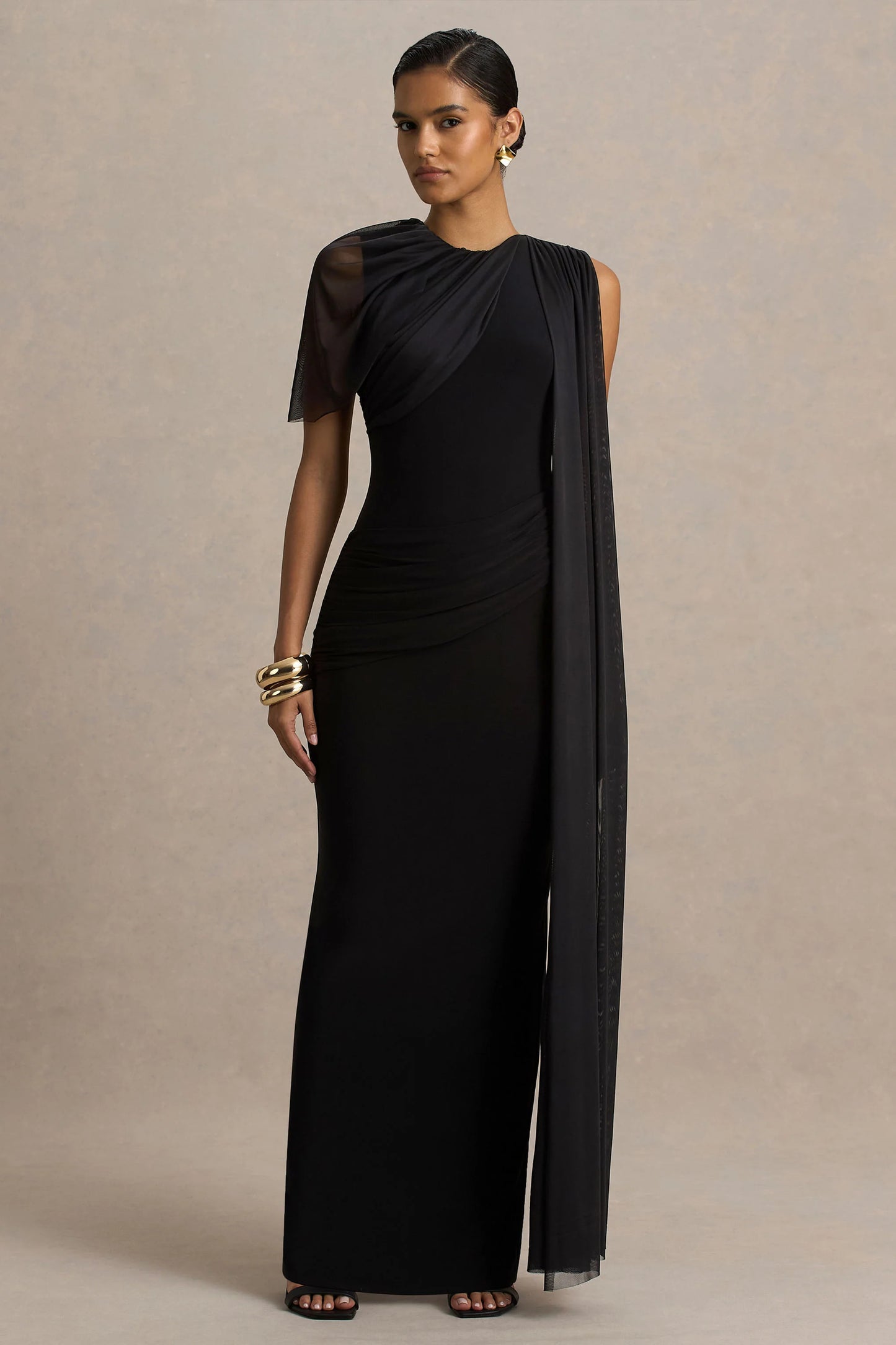 Brenda Black Crew-Neck Maxi Dress With Mesh Cape And Sash