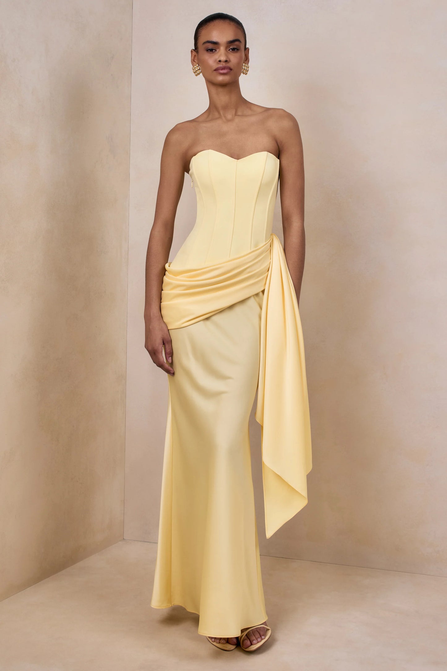 Nalira Lemon Satin Bandeau Maxi Dress With Draped Skirt