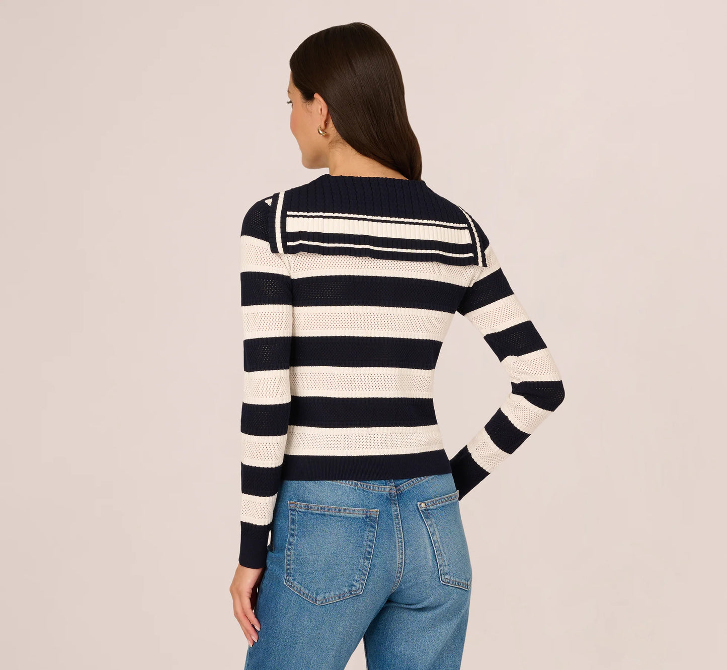 Striped Open Knit Sailor Collar Cardigan In Blue Moon Ivory
