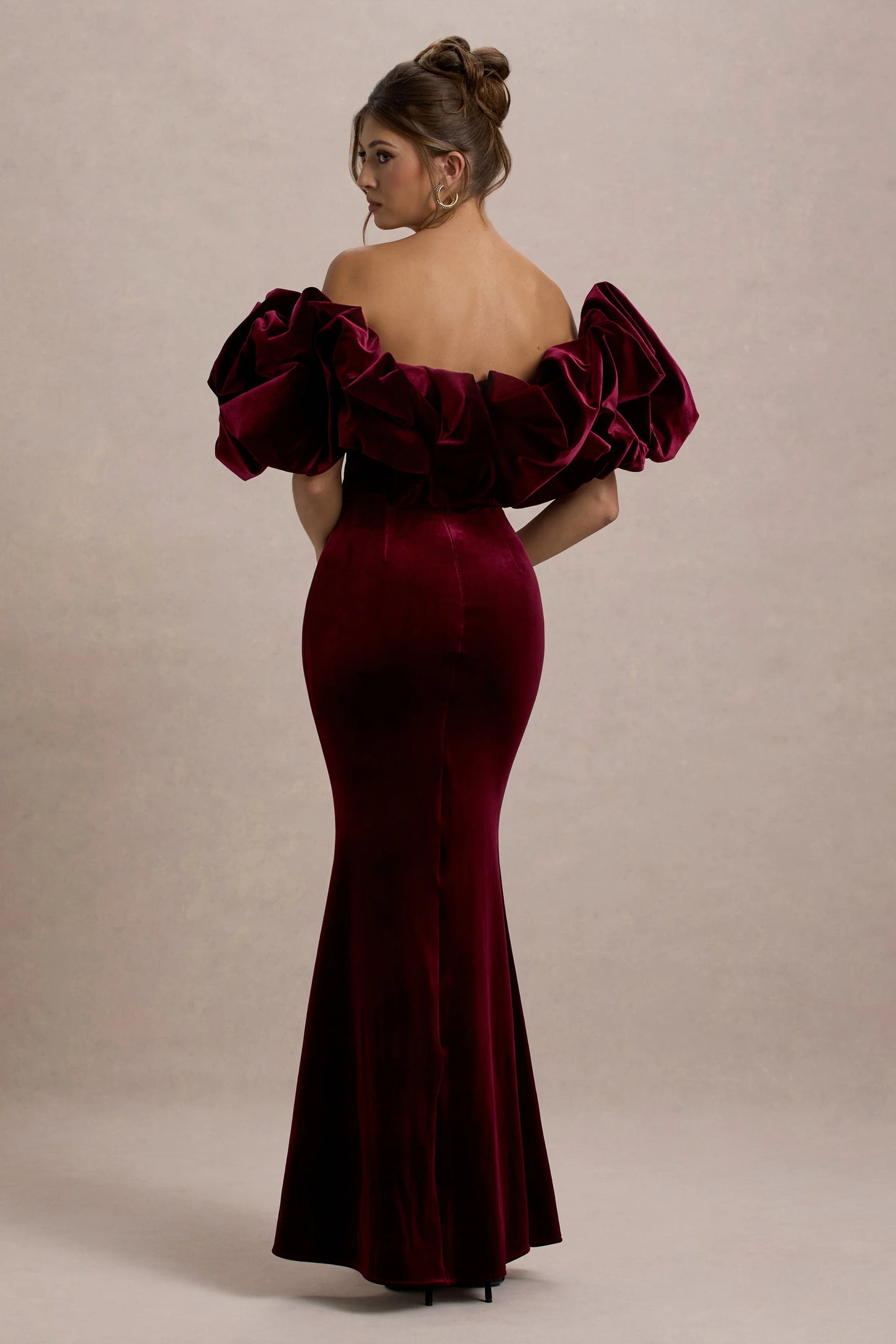 Cecily Port Velvet Bardot Maxi Dress With Velvet Ruffle Trim