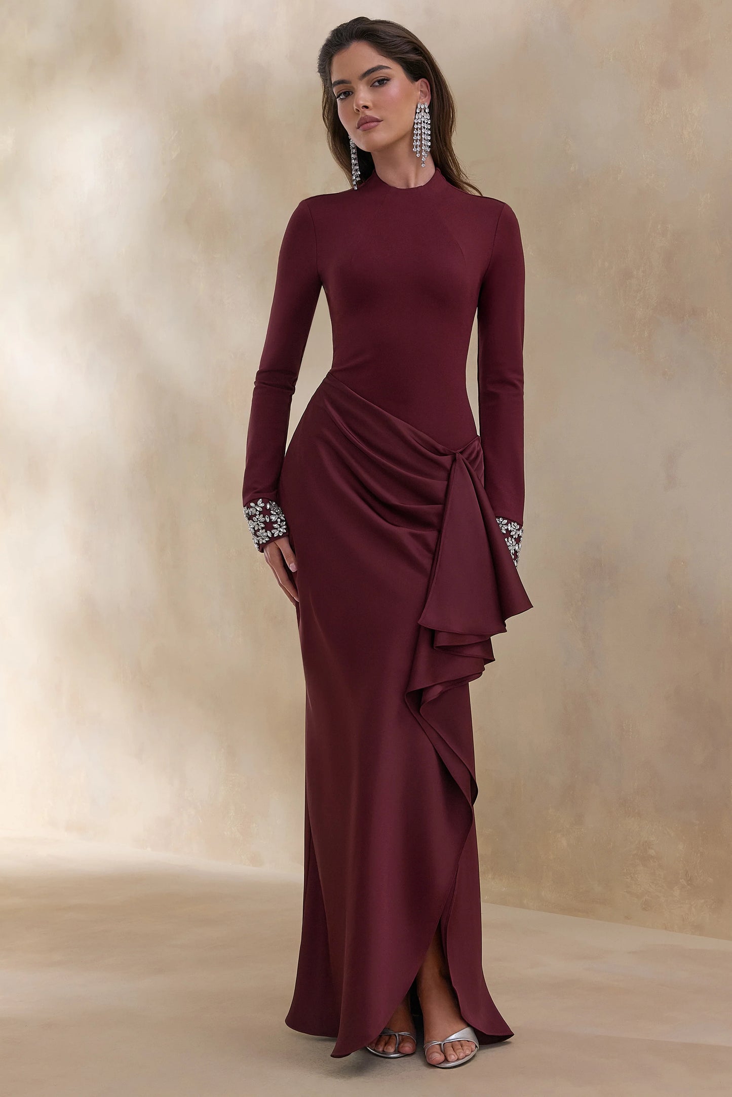 Starred Burgundy Crew-Neck Maxi Dress With Drop-Waist And Satin Wrap-Skirt