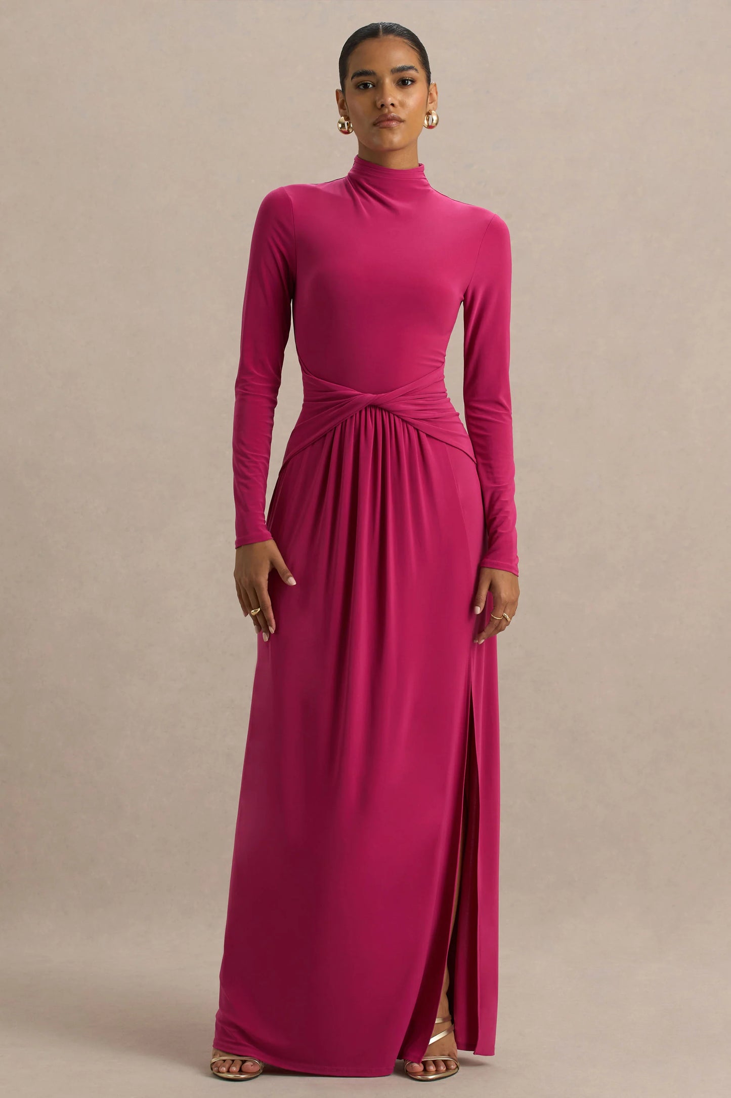 Hourglass Hot Pink Long-Sleeve Twisted Maxi Dress With Split