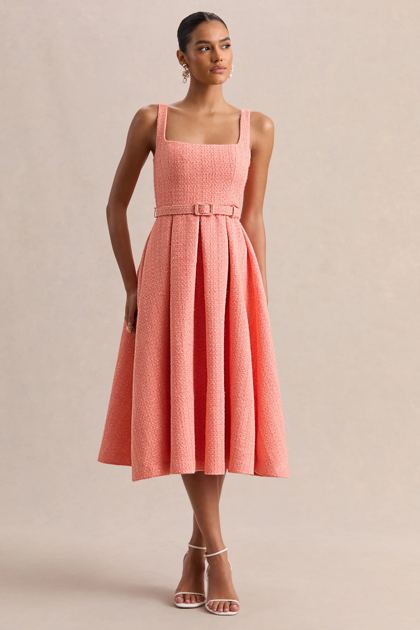 Camoria Coral Boucle Square-Neck Midi Dress