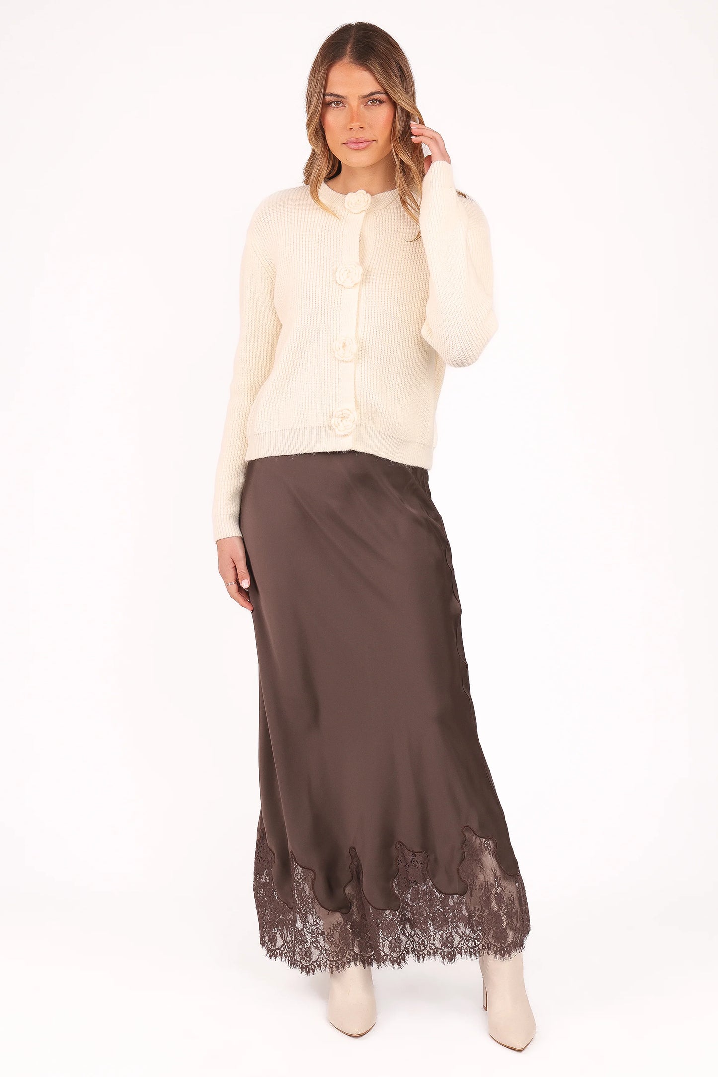 Alira Lace Trim Midi Skirt - Brown