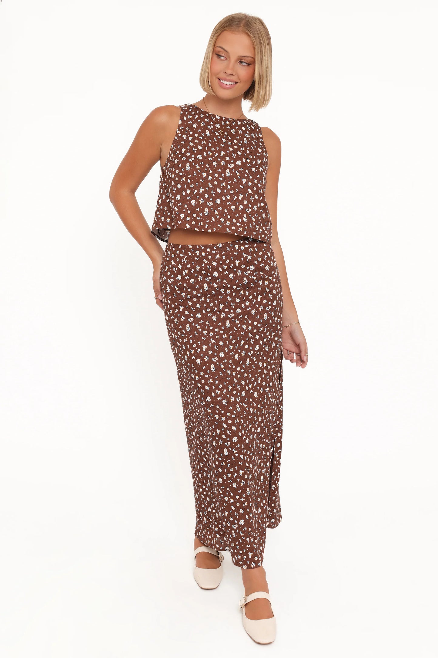 Madison Linen Cropped Tank - Brown Floral