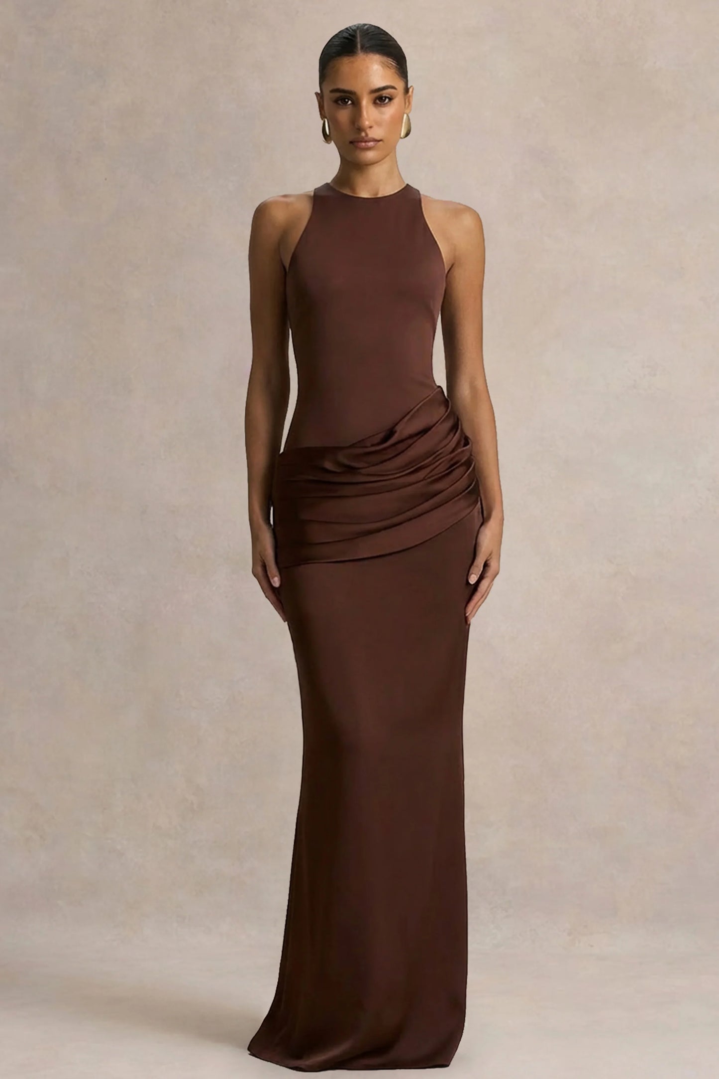 Akari Brown Crew-Neck Maxi Dress With Satin Skirt