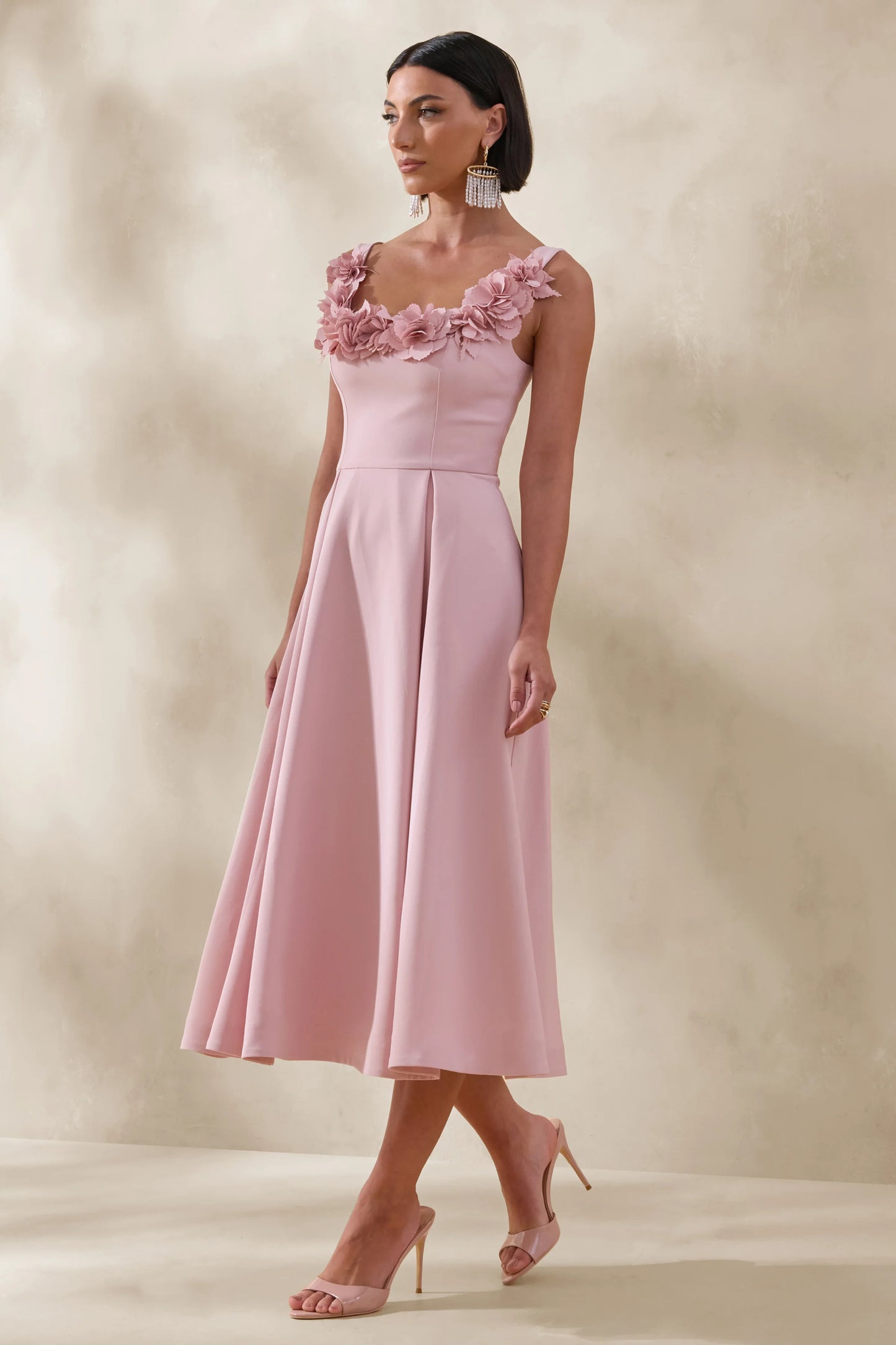 Maelle Pink Scoop-Neck Midi Dress With Corsage Detailing