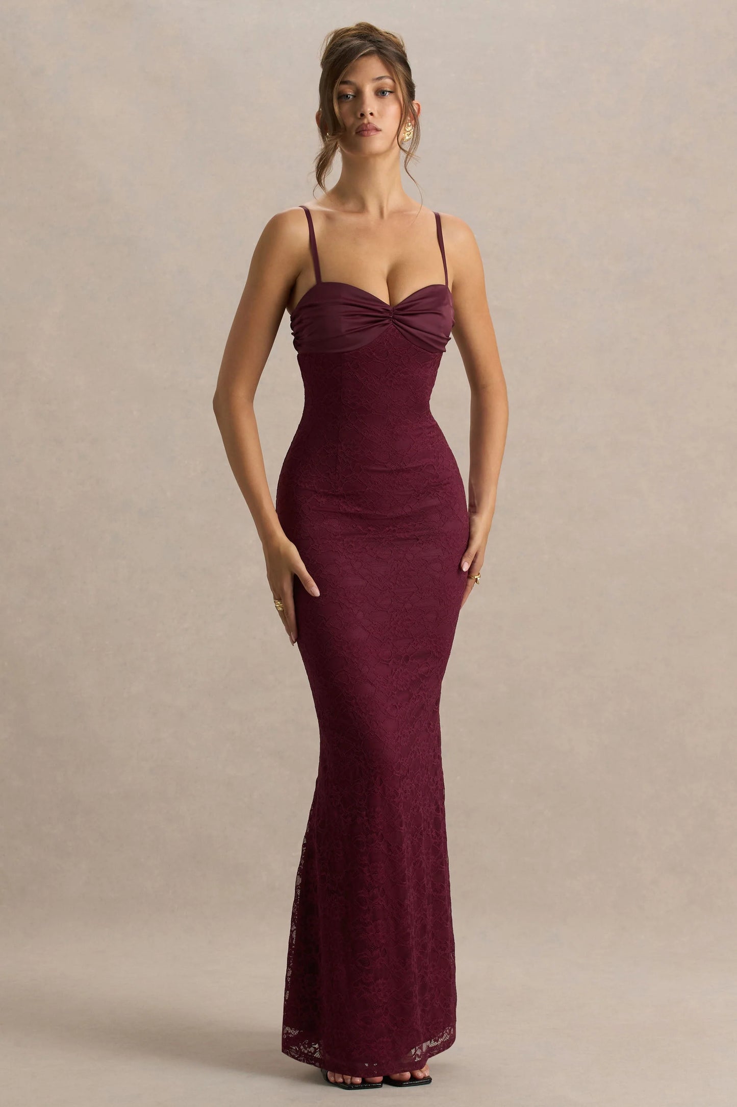 Juana Burgundy Lace And Satin Sweetheart-Neck Satin Maxi Dress