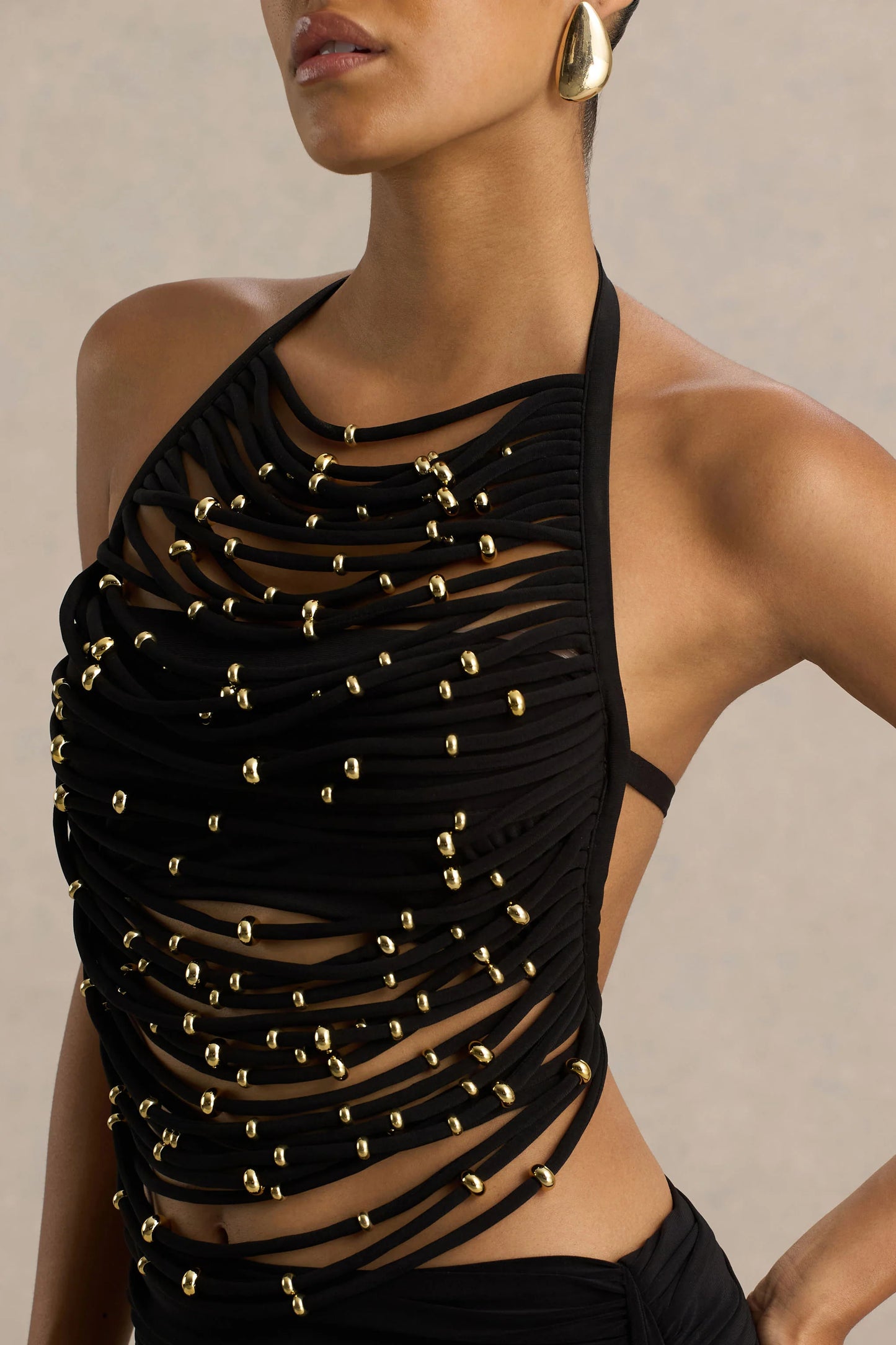 Twinkler Black High-Neck Embellished Top With Cut-Outs