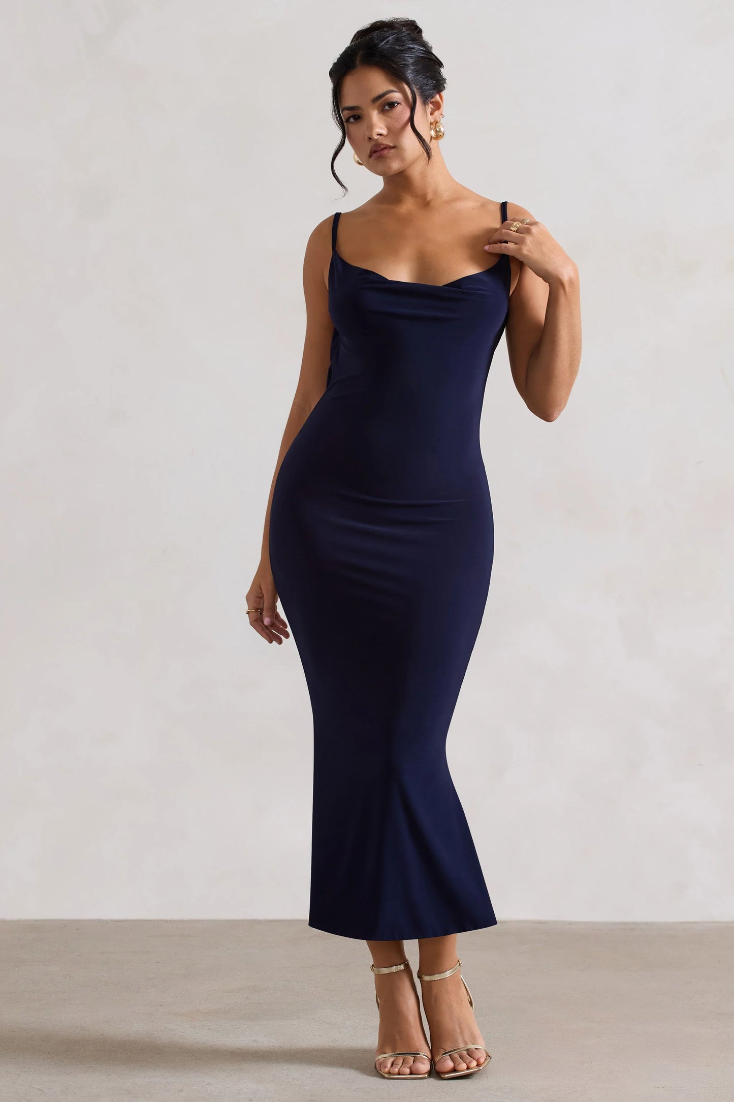 Addison Navy Cowl-Neck Open-Back Midi Dress With Lace