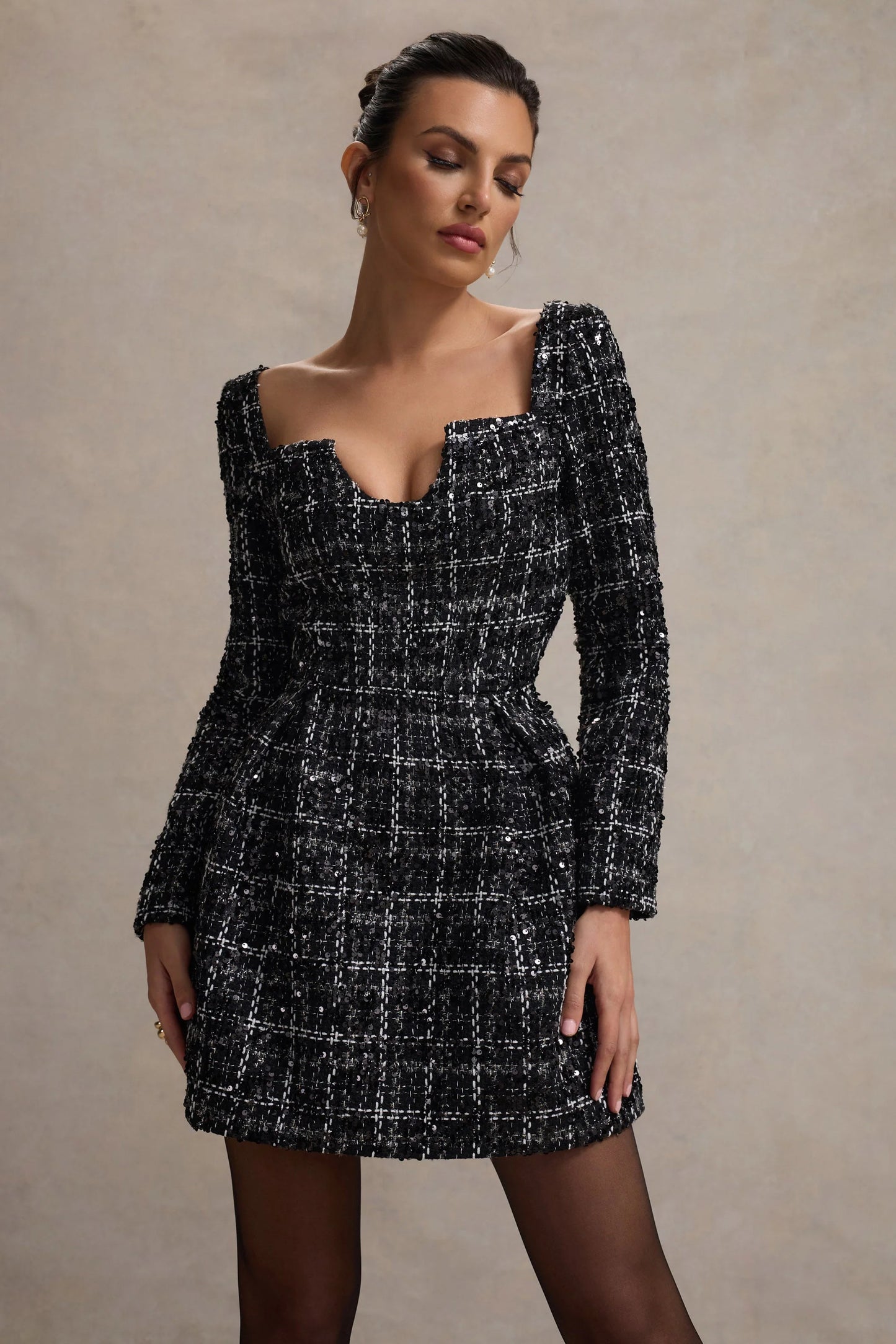 Contessa Black Boucle Long-Sleeve Mini Dress