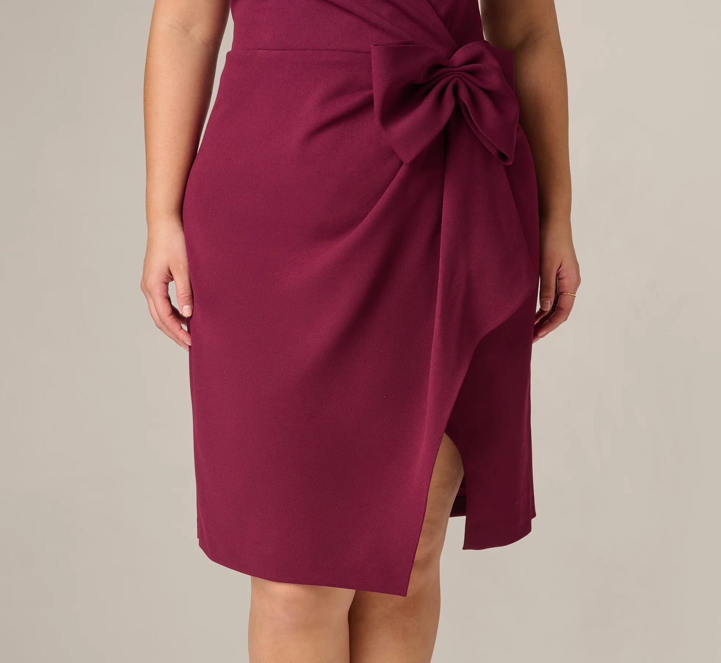 Plus Size Bow Accent Stretch Wrap Dress In Cabernet