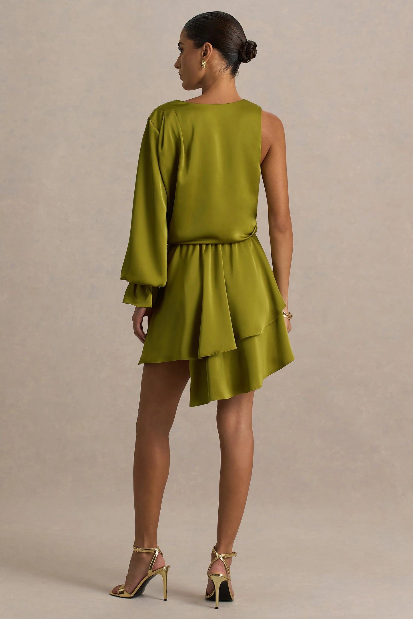 Cara Olive Satin Plunge-Neck Micro-Mini Dress With Long Sleeve