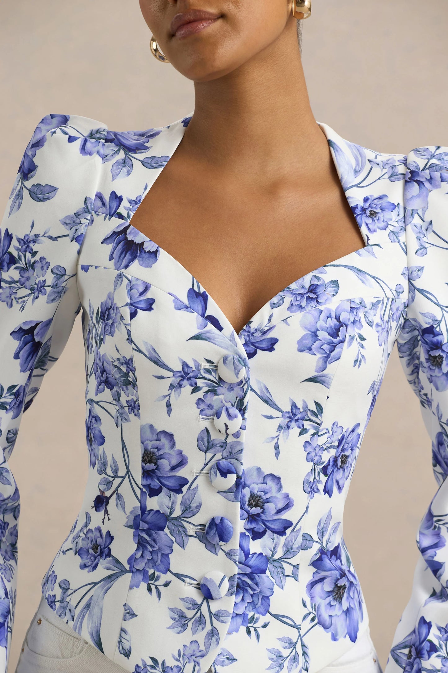 Olympia Blue Floral Print Sweetheart-Neck Tailored Top