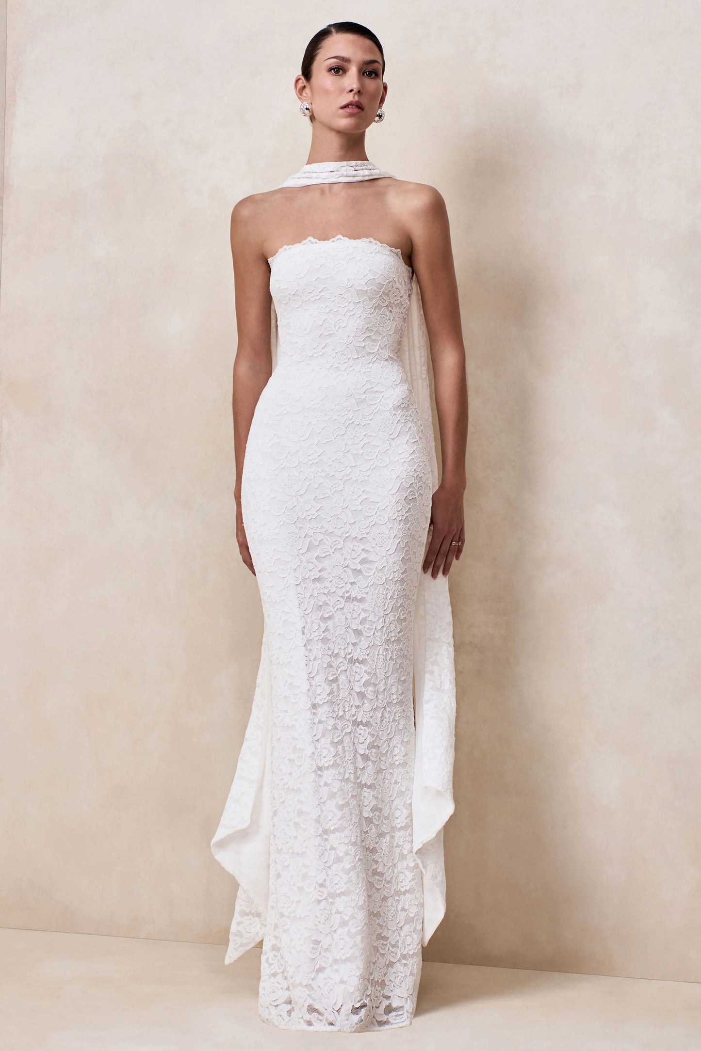 Massima White Lace Bandeau Maxi Dress With Scarf-Detail