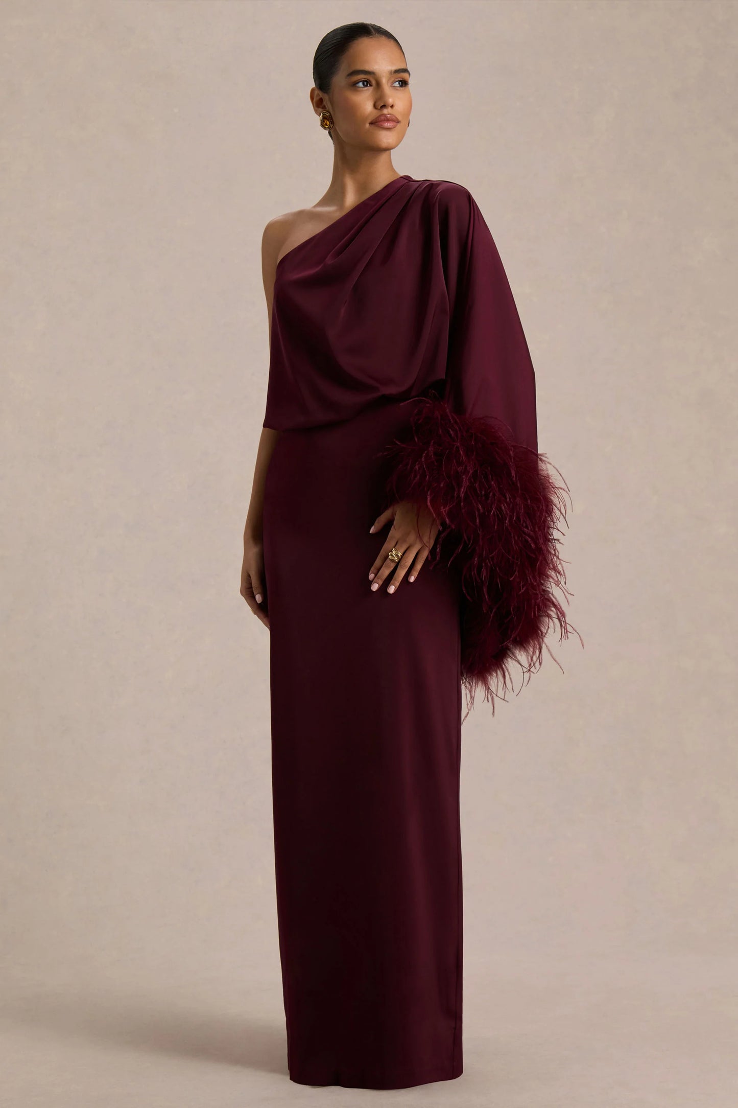 Felicity Burgundy Satin Asymmetric-Neck Maxi Dress With Feather Detailing