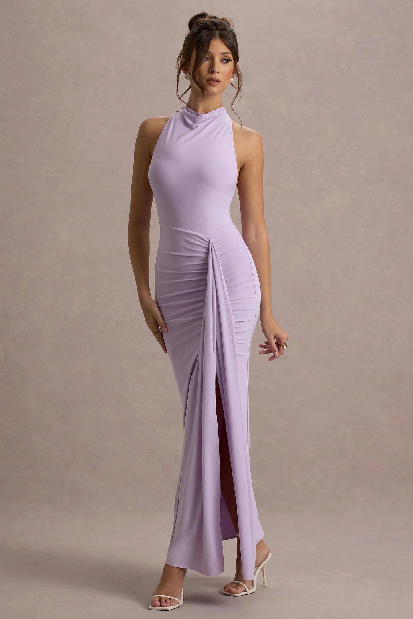 Sunflower Lilac Ruched High-Neck Split Maxi Dress
