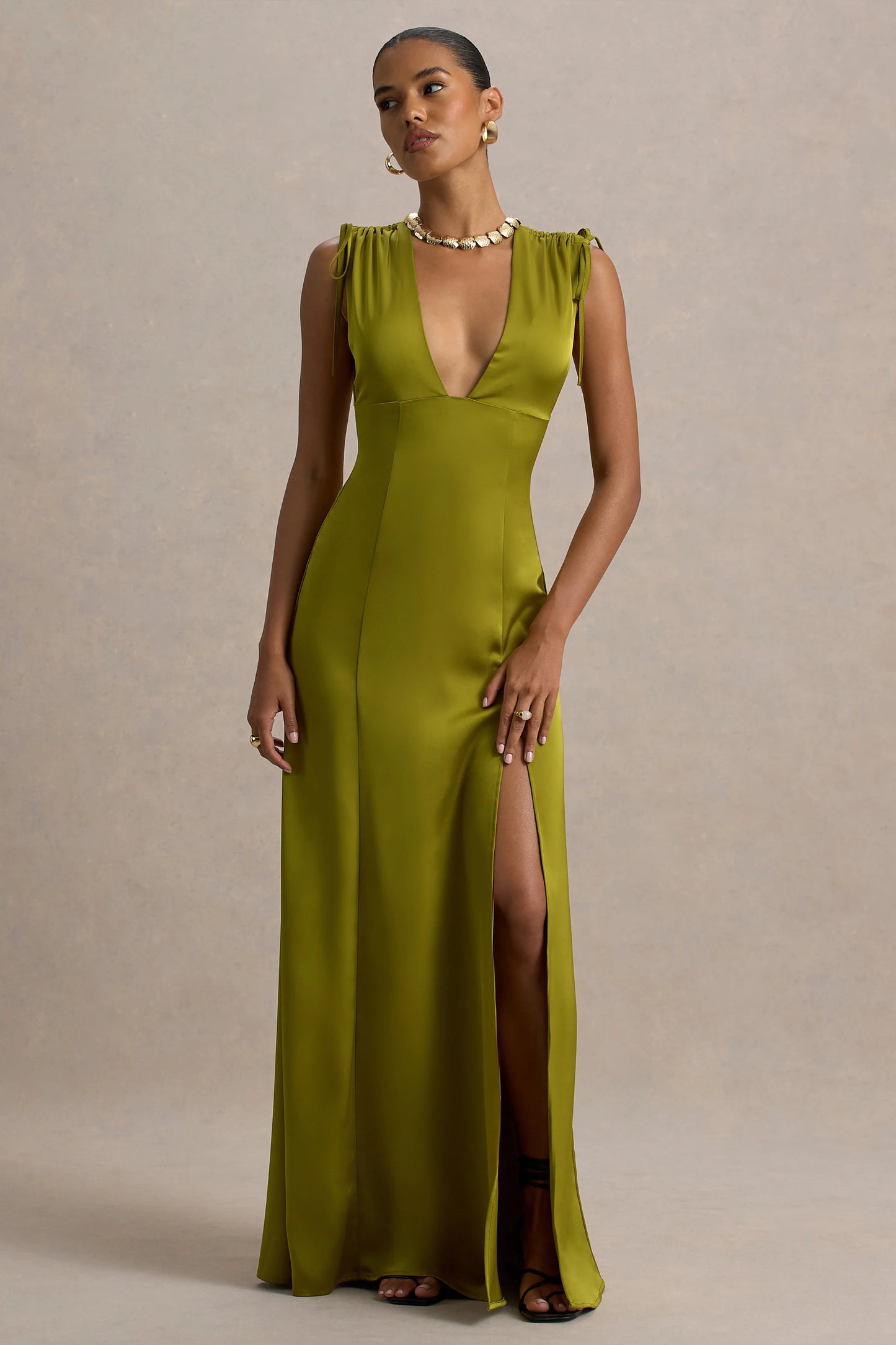Ysabella Olive Satin Plunge-Neck Split Maxi Dress