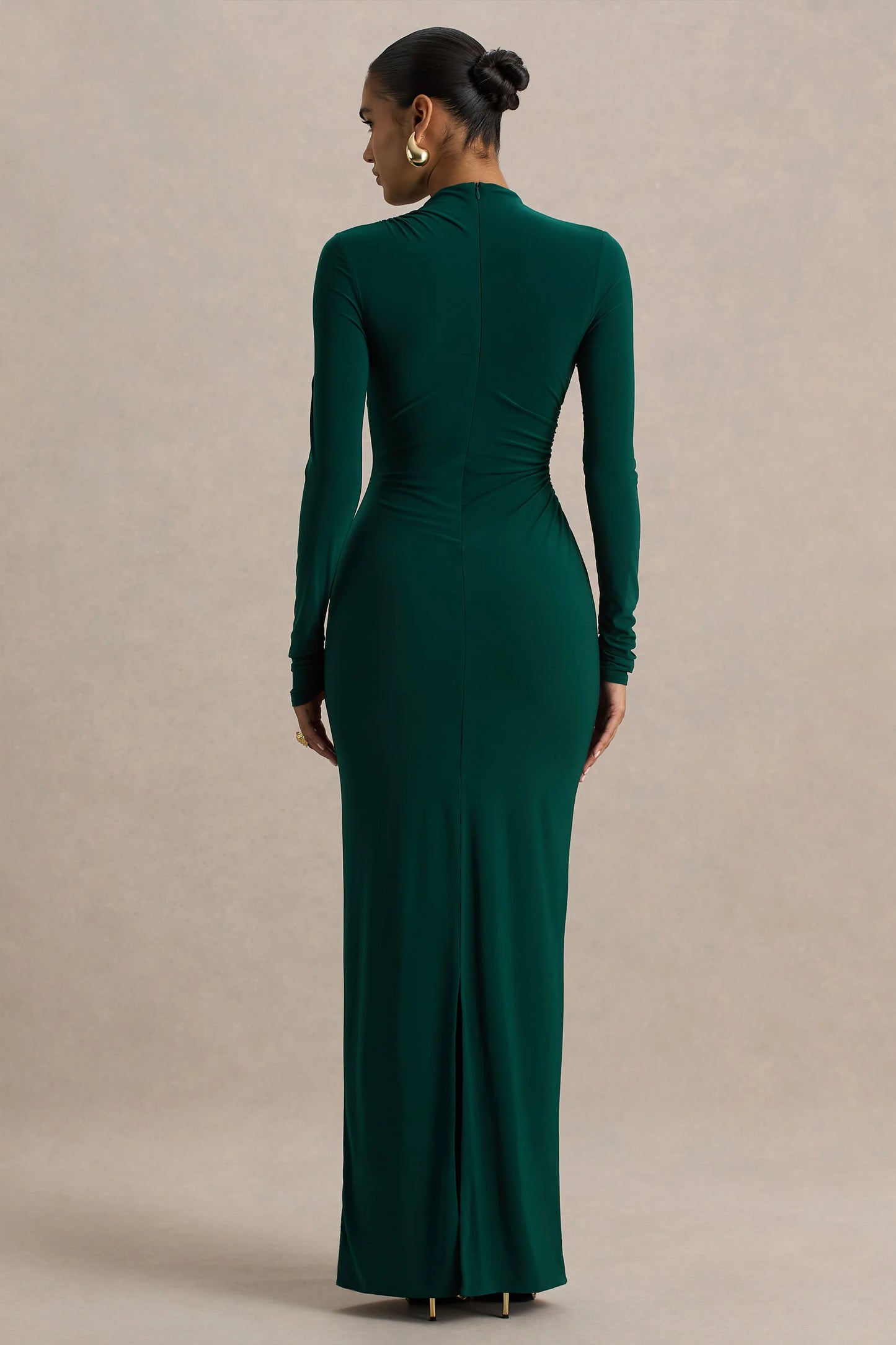Eden Bottle Green High-Neck Maxi Dress With Ruched Detailing