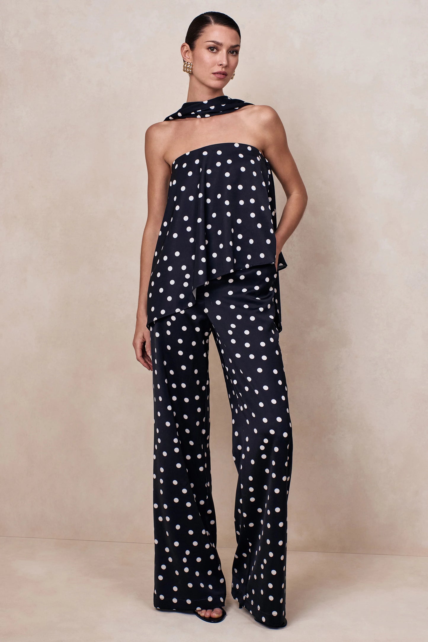 Seloria Black & White Satin Polka Dot Wide-Leg Trouser
